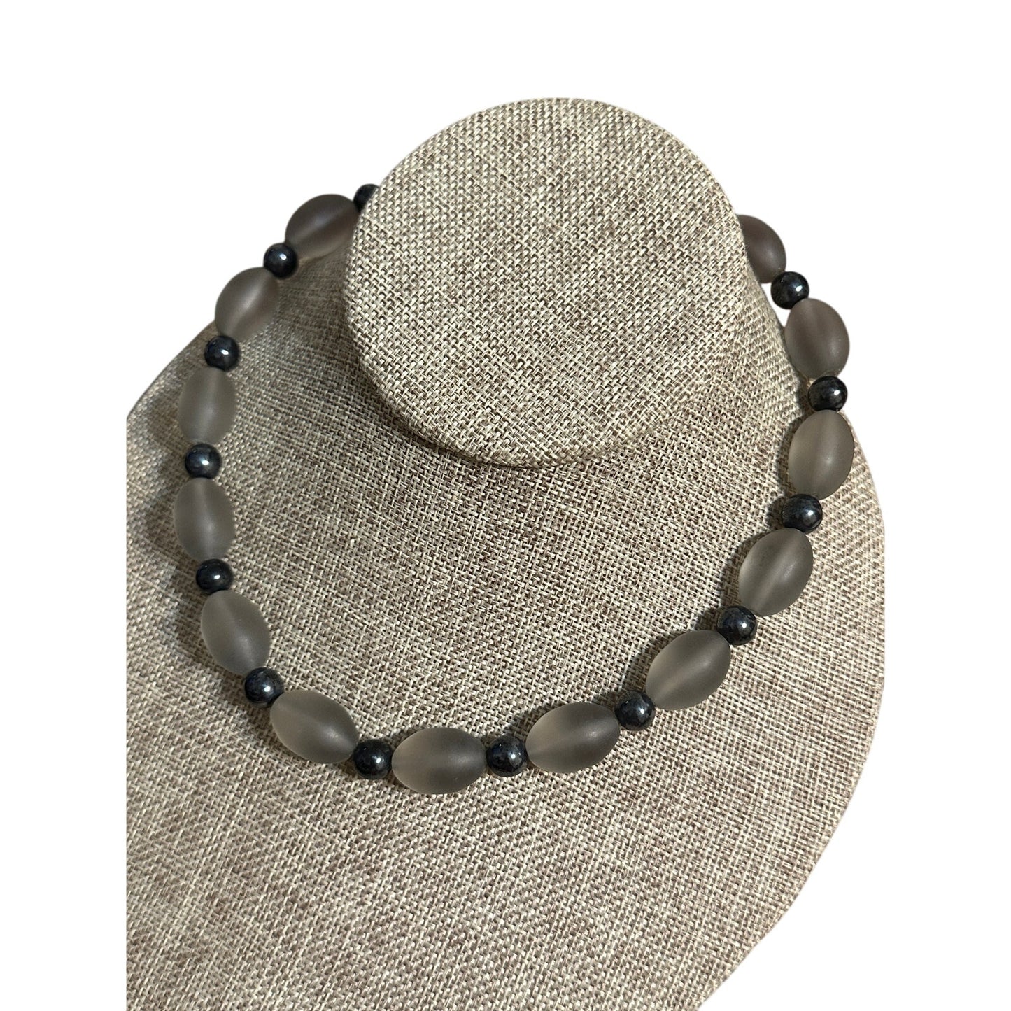 Vintage YSL 17” Frosted Glass Hematite Beaded Necklace Yves Saint Laurent