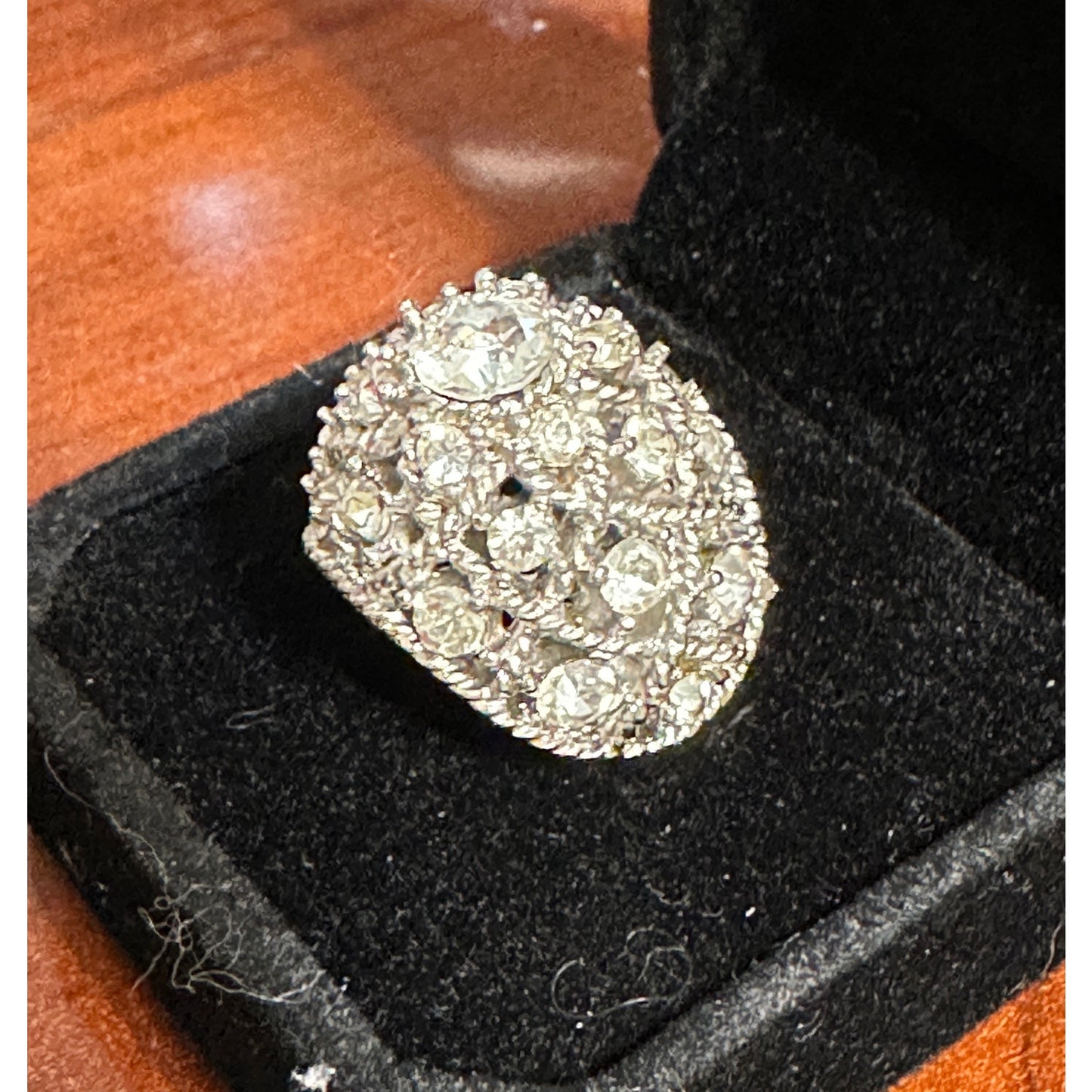 Vintage Crown Trifari Silvertone Rhinestone Chunky Adjustable Ring