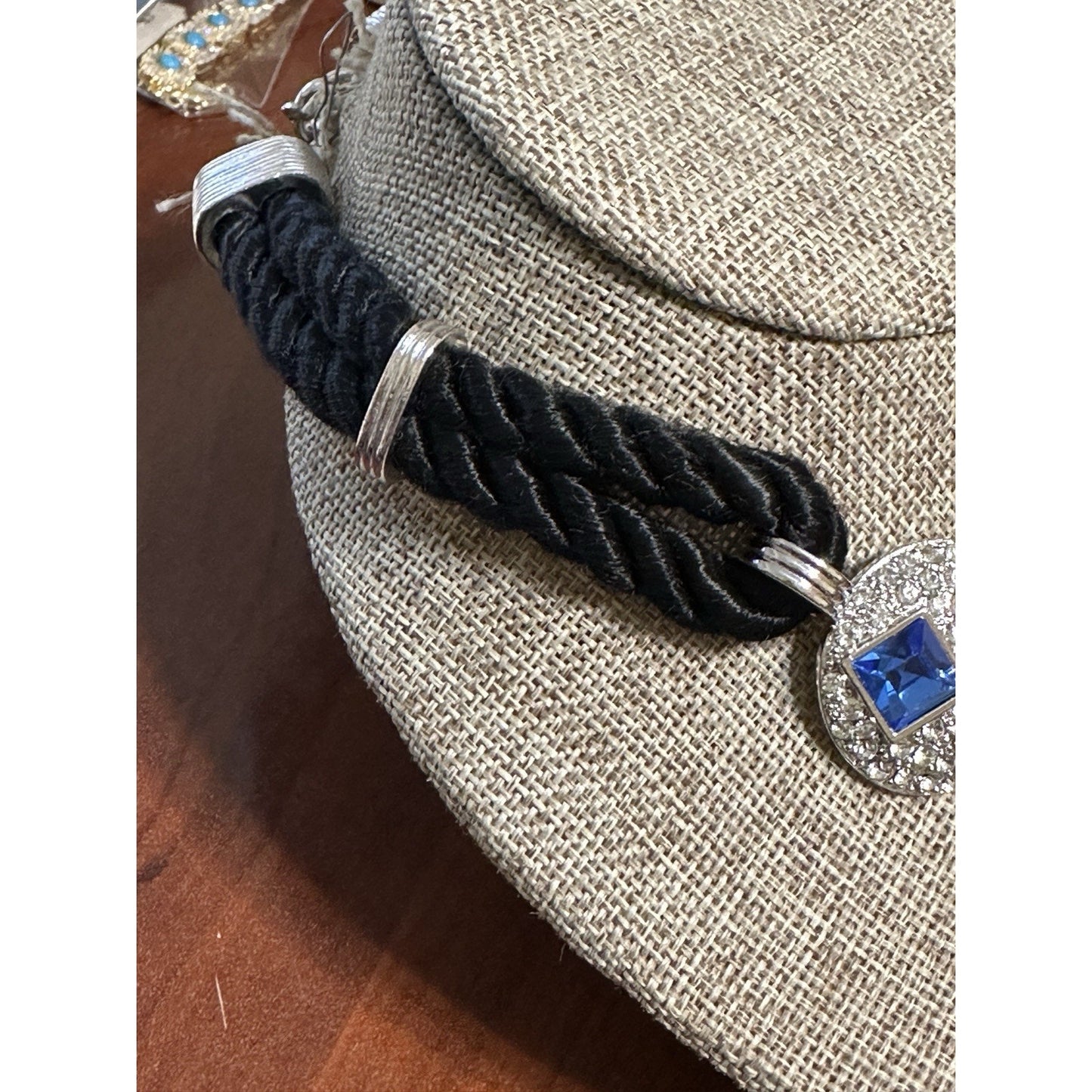 YSL Yves Saint Laurent Blue Crystal Statement Necklace Black Cord Silver Logo