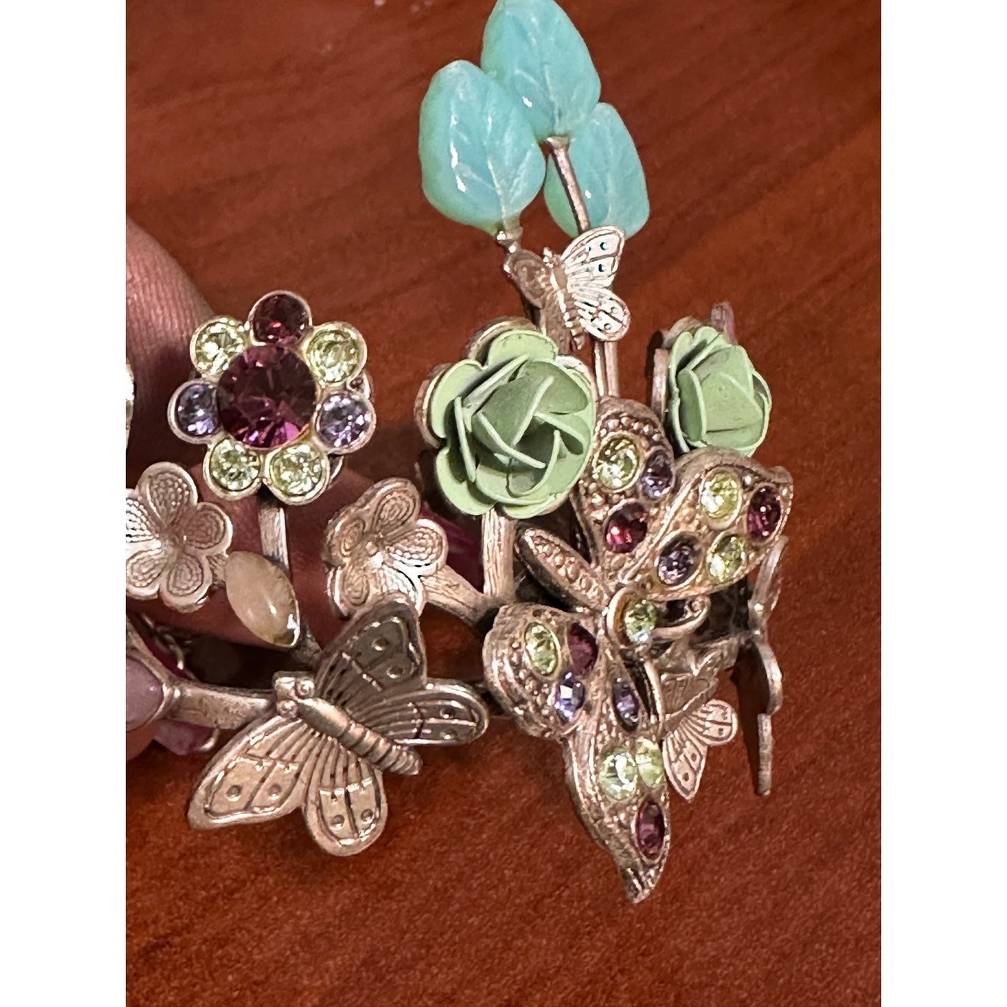 Mary DeMarco Butterfly Floral Garden Cuff Bracelet Rhinestone Resin Flowers