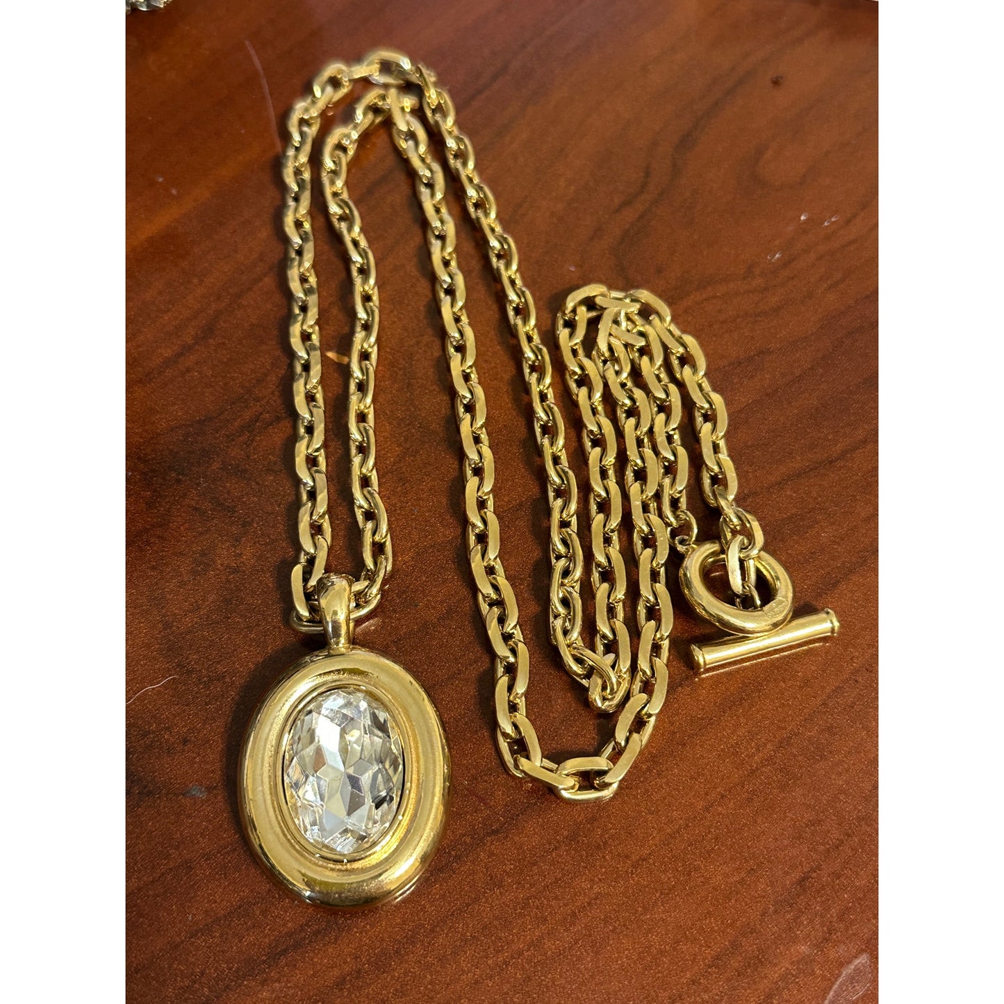 Vintage Givenchy 36” Gold Tone Chain Toggle Necklace w/ Crystal Pendant Signed