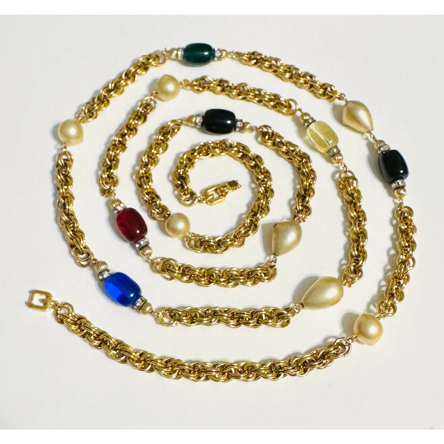 Vintage Givenchy Poured Glass Pate De Verre Gems & Pearls Sautoir Chain Necklace