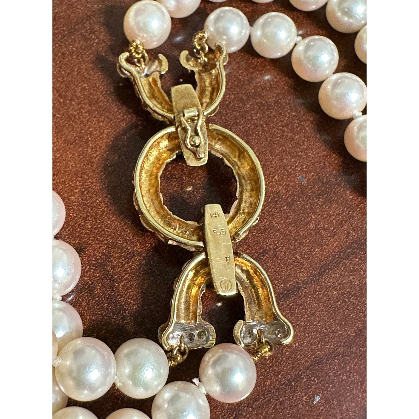 Vintage 14K 585 Gold Akoya 6mm Pearl Necklace Diamond Rope Clasp Double Strand