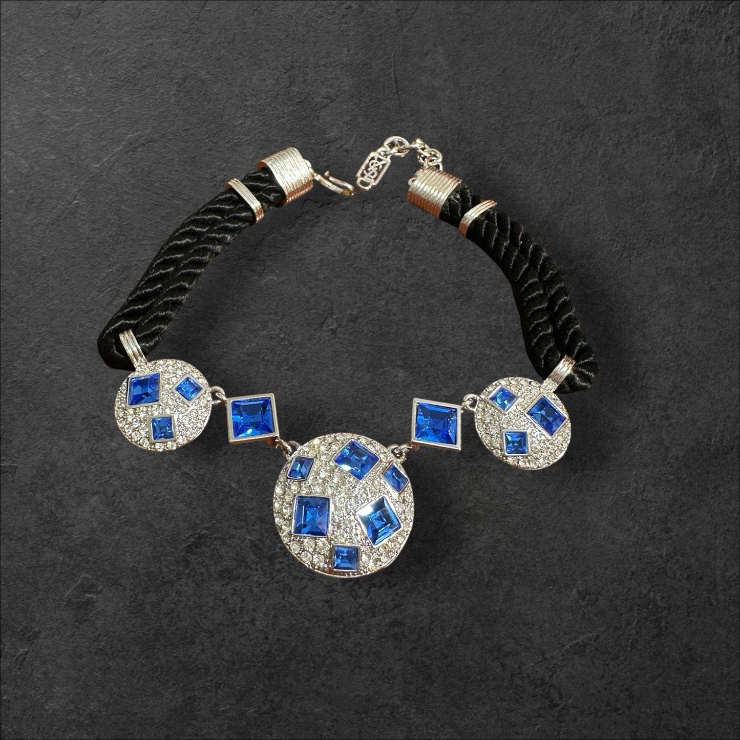 YSL Yves Saint Laurent Blue Crystal Statement Necklace Black Cord Silver Logo