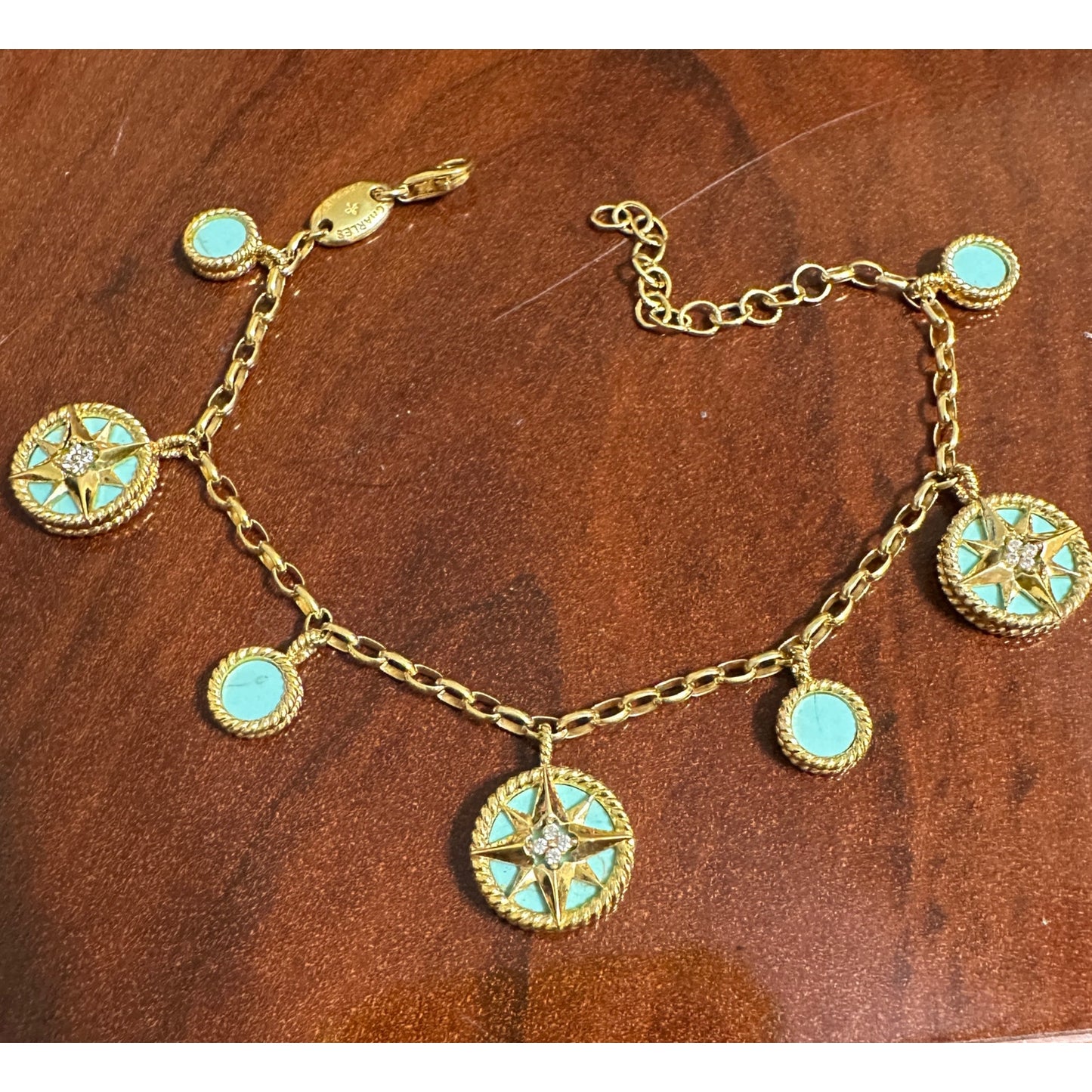 Charles Garnier 18k over Sterling Simulated Turquoise CZ Charm Bracelet