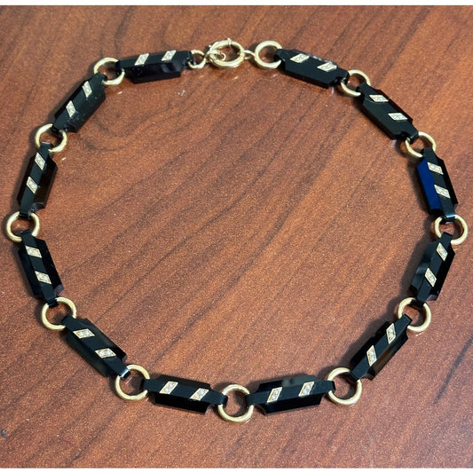 Antique Victorian 14k Gold Onyx seed pearl Mourning Necklace 26.5" 41.2g