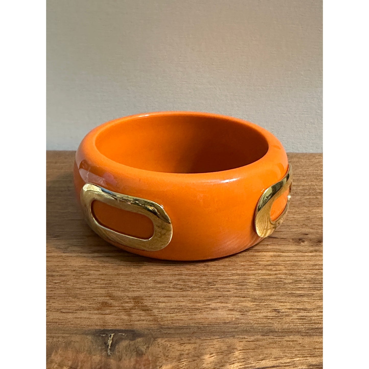 Vintage Mod Orange Resin Bangle Bracelet w/ Raised Gold Tone Overlays Chunky Bold