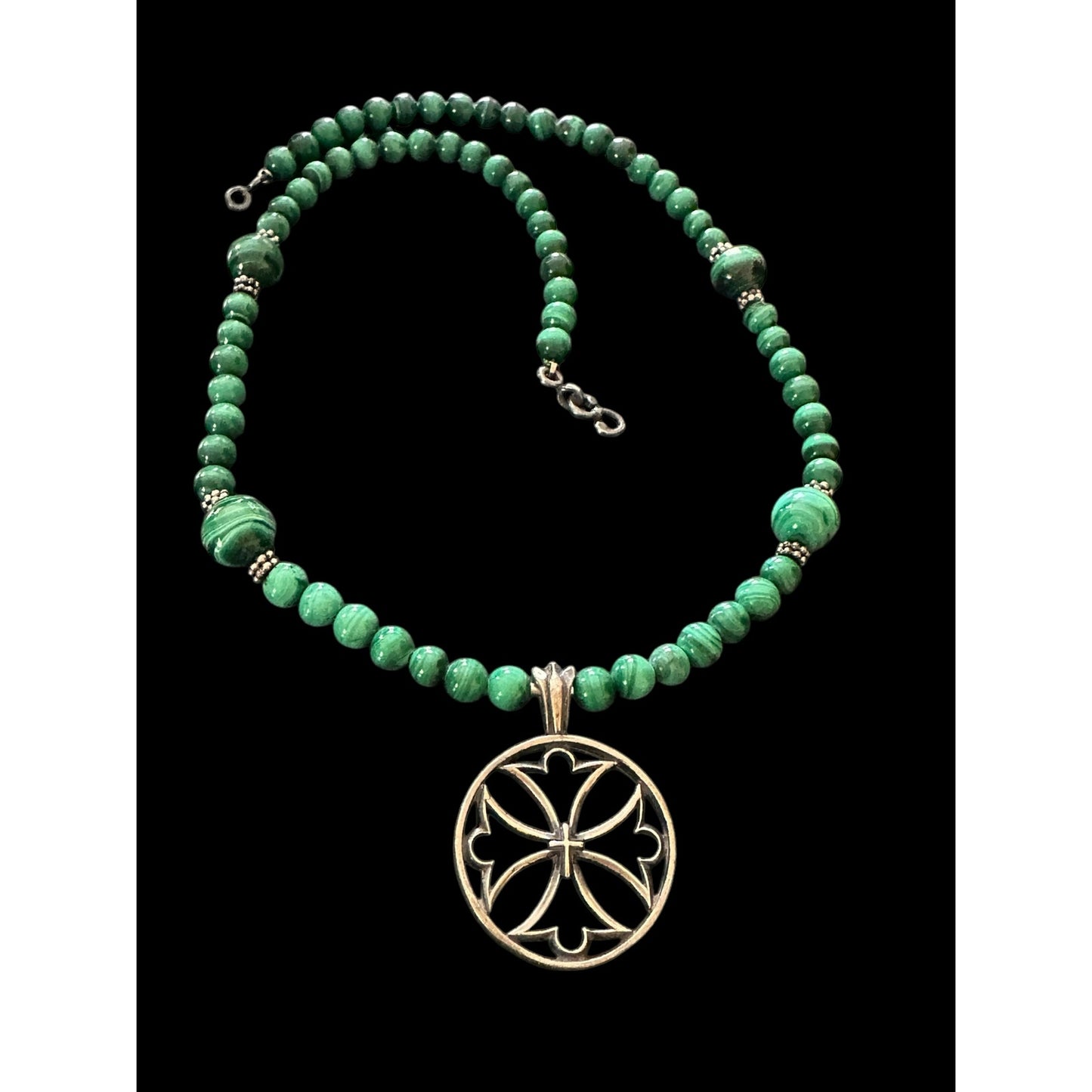 Lovely Malachite Beaded Necklace with Open Work Gothic Celtic CROSS Pendant