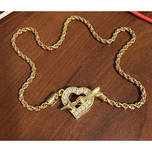 Swarovski Crystal Heart Pendant Necklace Choker Cupid’s Arrow Toggle Gold-Tone