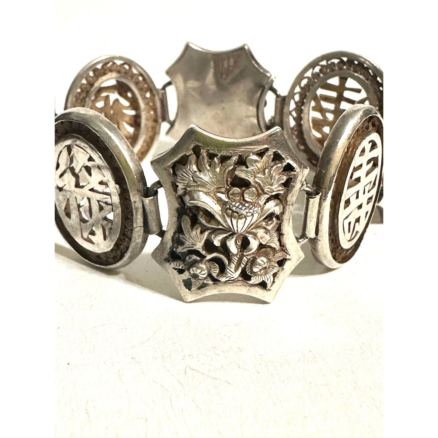 Antique Chinese Export Silver Repousse Four Seasons Panel Bracelet 6 7/8”