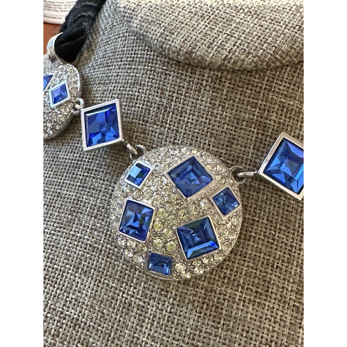 YSL Yves Saint Laurent Blue Crystal Statement Necklace Black Cord Silver Logo