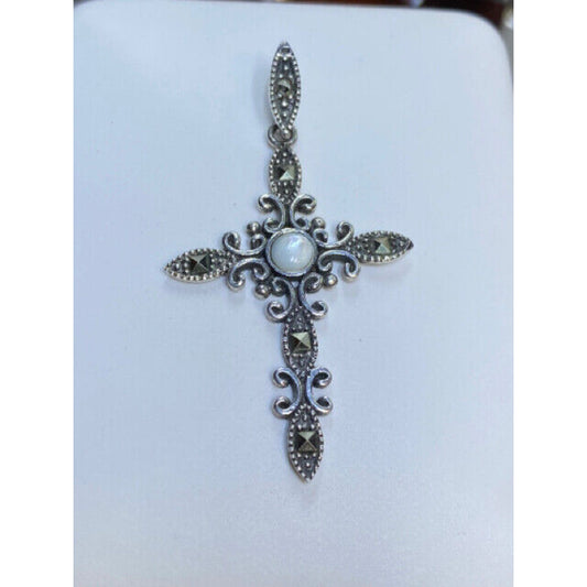 Sterling Silver Marcasite MOP Cross Pendant