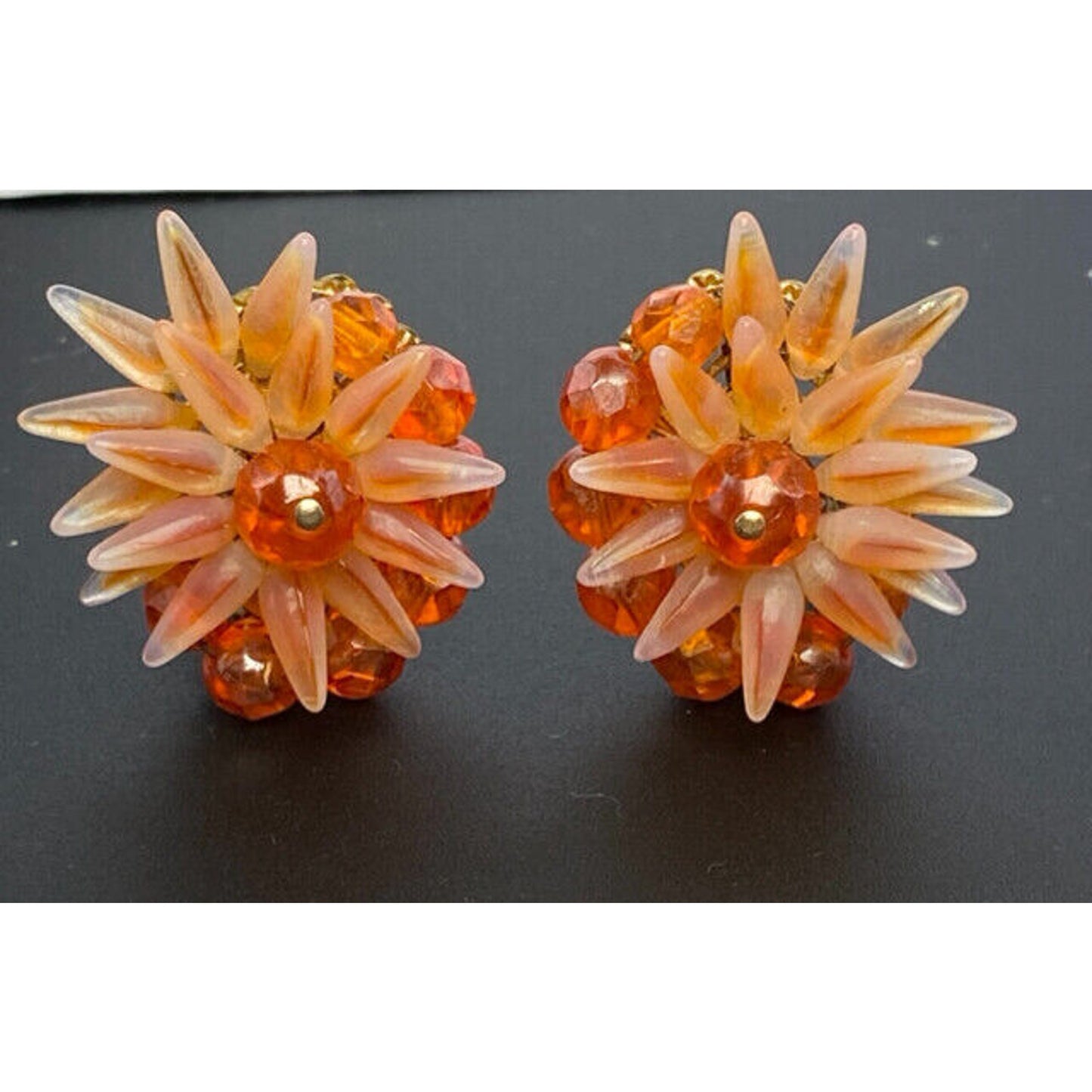 Unsigned Haskell Sunset Orange Art Glass Spikey Star Burst Clip Earrings
