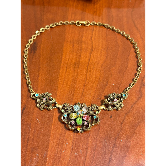 Vintage Coro Goldtone Pastel Rhinestone Choker Necklace
