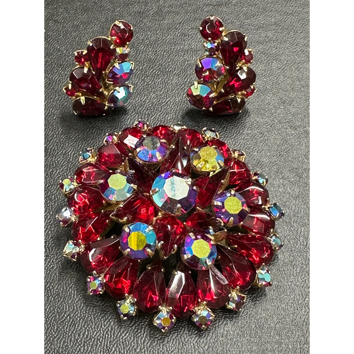 Fabulous Vintage Red Aurora Borealis Rhinestone Brooch & Clip Earrings Set