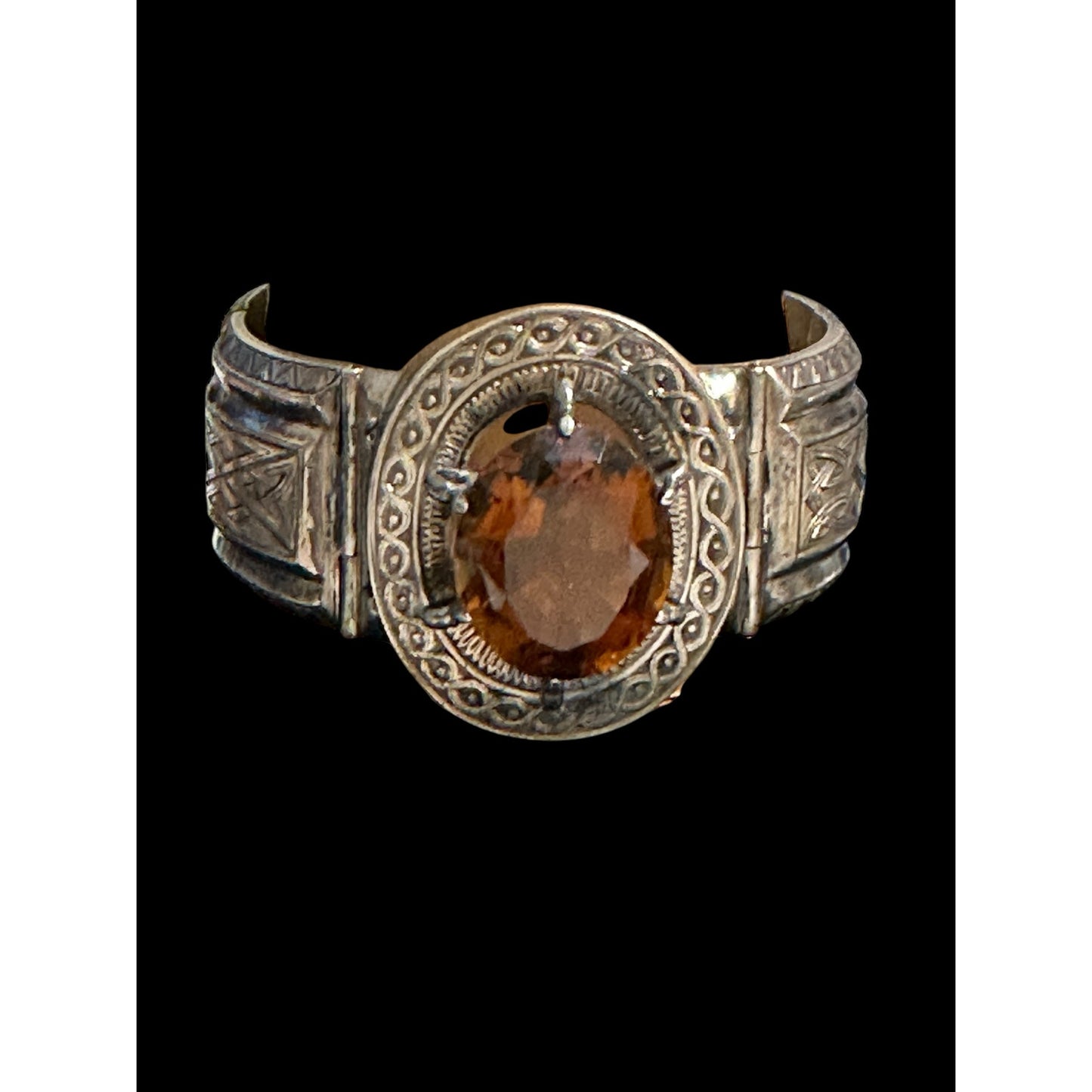 Vintage Sterling Silver Topaz Celtic Love Knot Wide Hinged Panel Bangle Bracelet