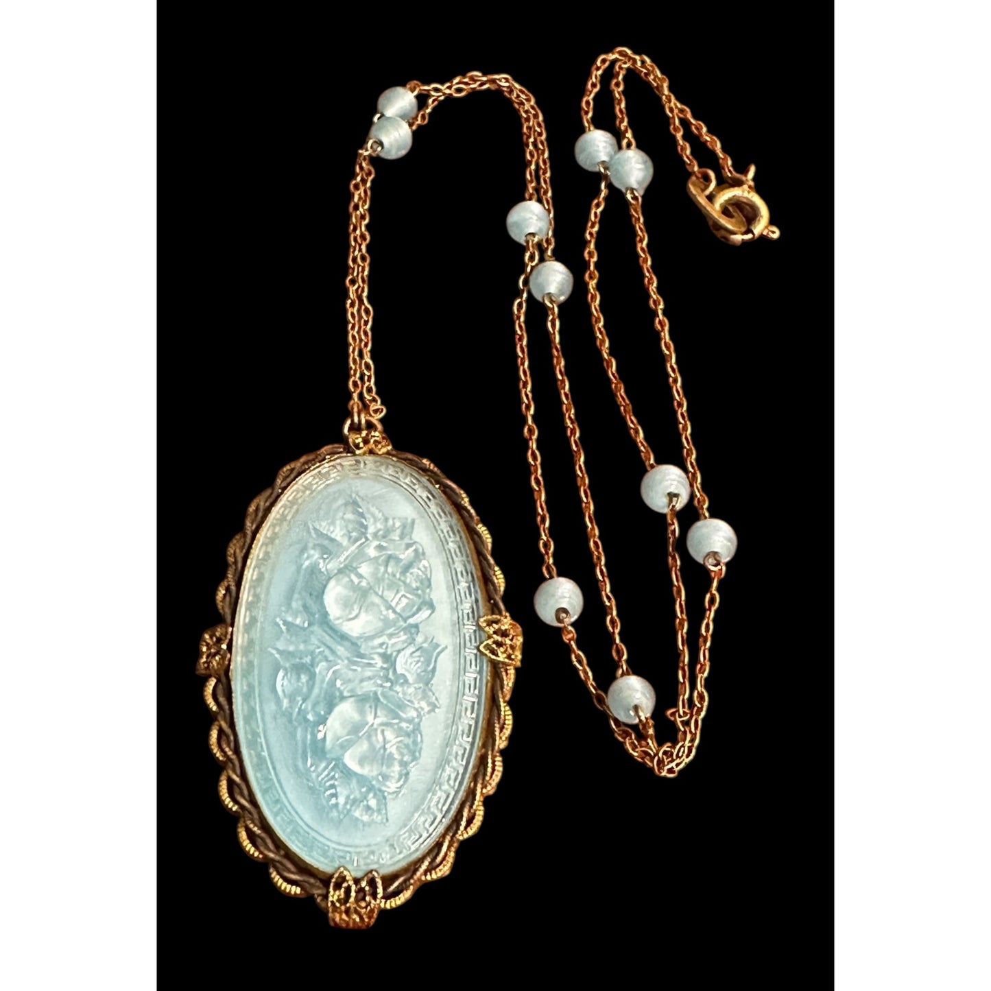 Vintage Czech Molded Glass Floral Pendant Necklace Made in Czechoslovakia