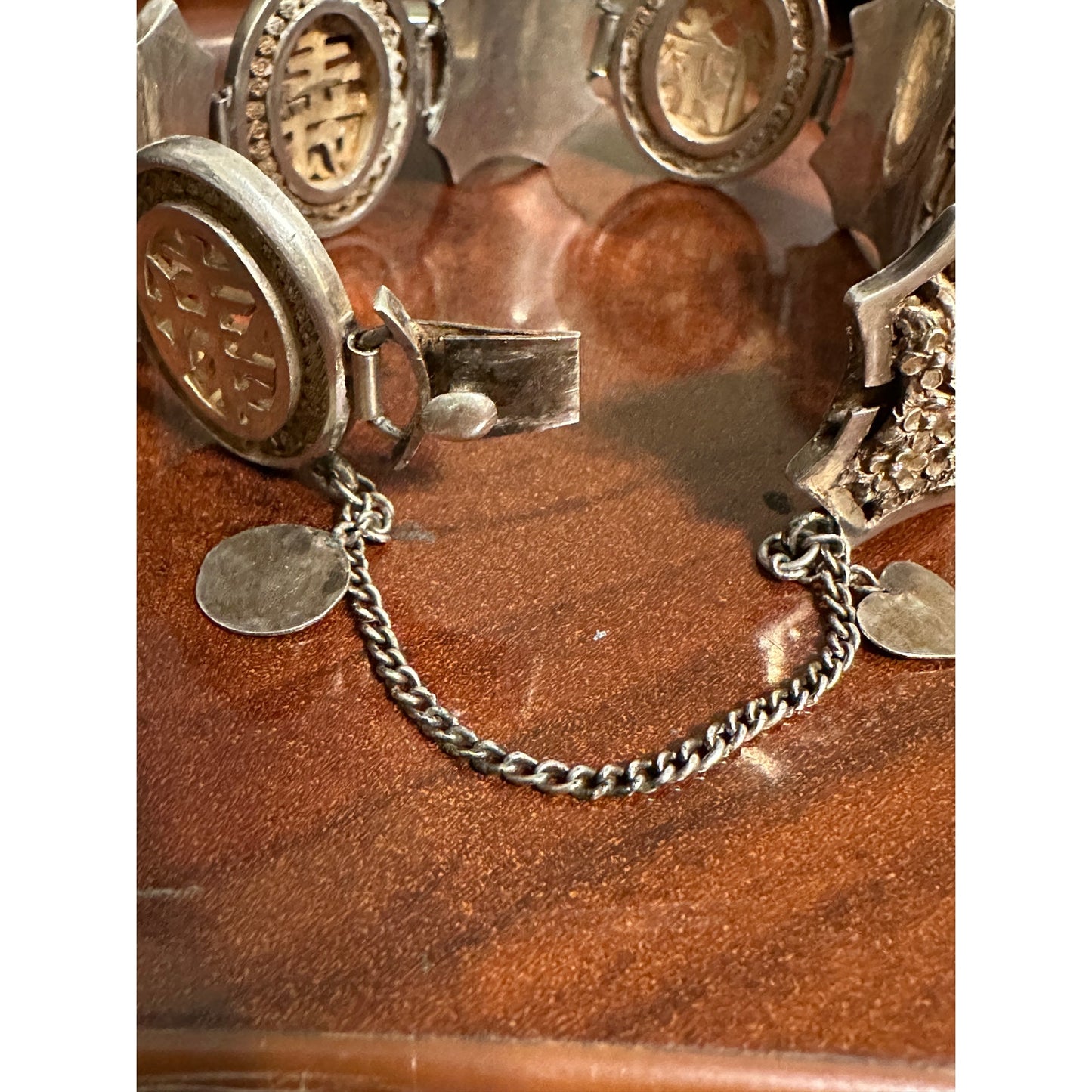 Antique Chinese Export Silver Repousse Four Seasons Panel Bracelet 6 7/8”