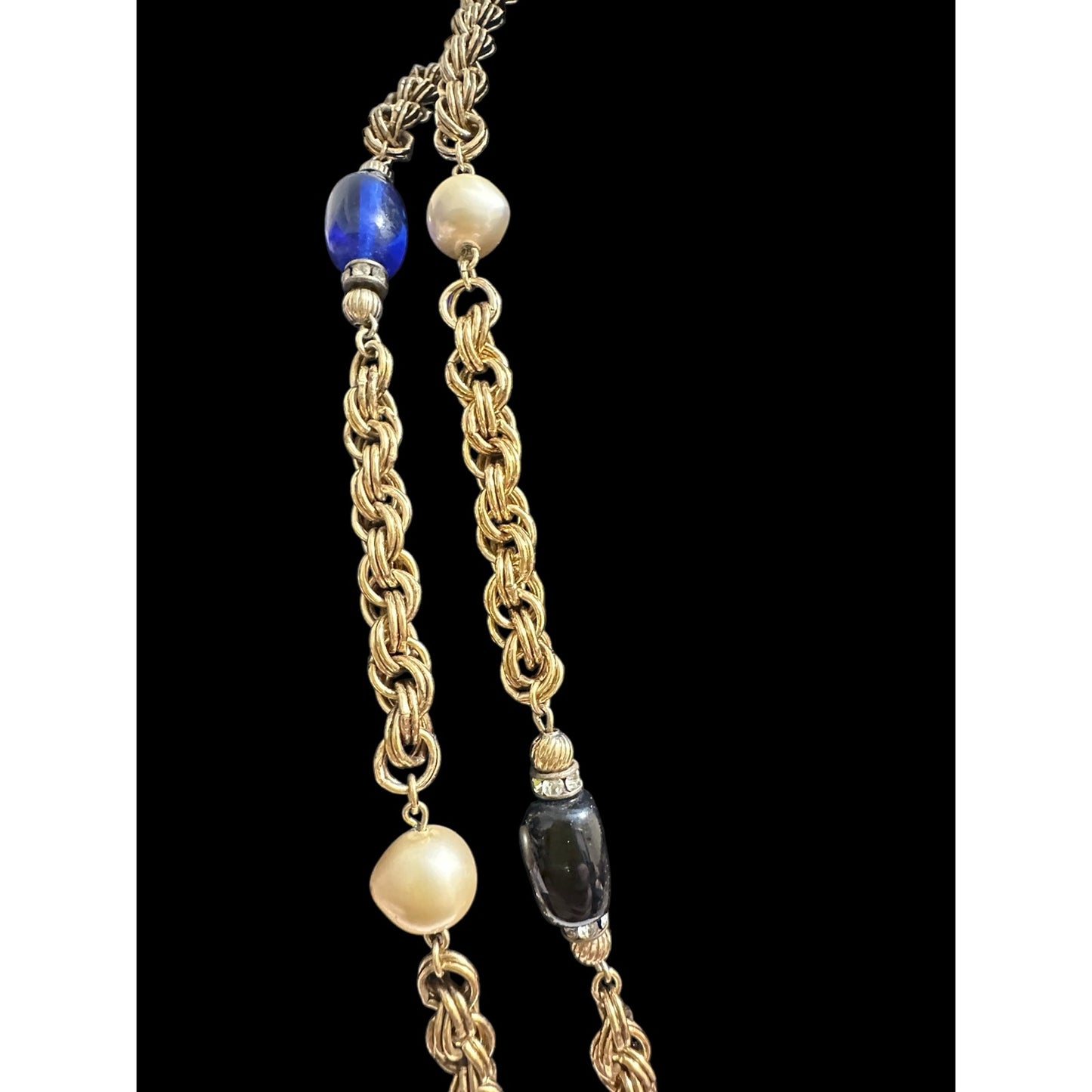 Vintage Givenchy Poured Glass Pate De Verre Gems & Pearls Sautoir Chain Necklace