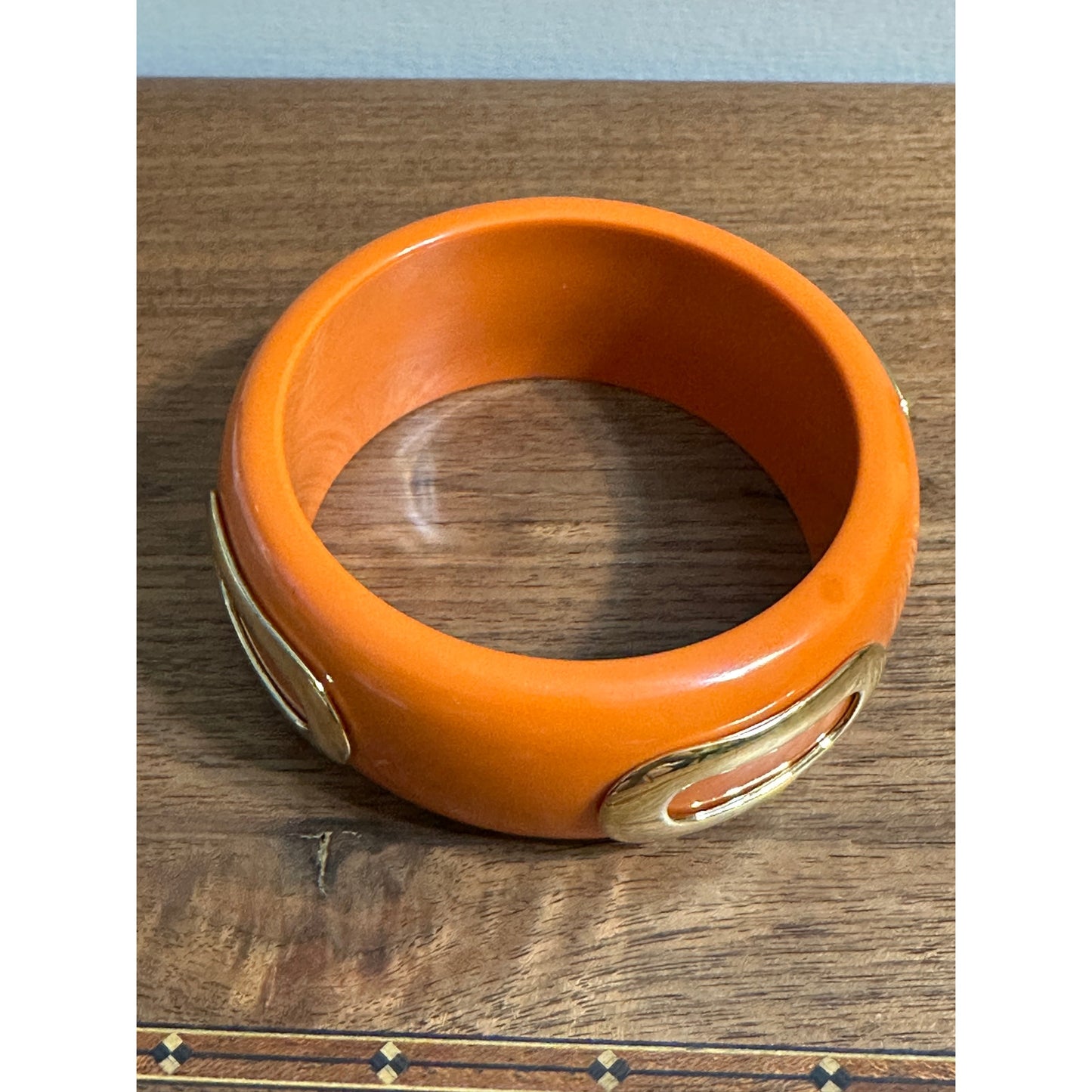 Vintage Mod Orange Resin Bangle Bracelet w/ Raised Gold Tone Overlays Chunky Bold