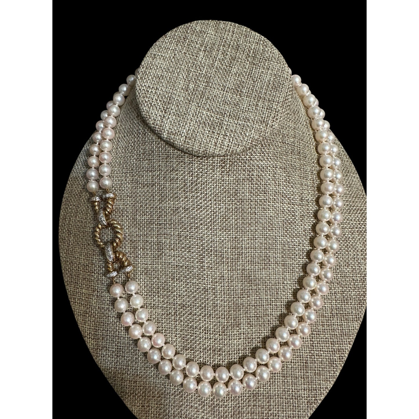 Vintage 14K 585 Gold Akoya 6mm Pearl Necklace Diamond Rope Clasp Double Strand