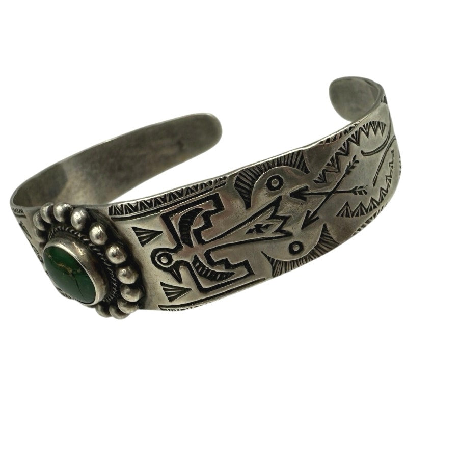 Vintage Fred Harvey Era Sterling Silver Thunderbird Green Turquoise Native Cuff Bracelet
