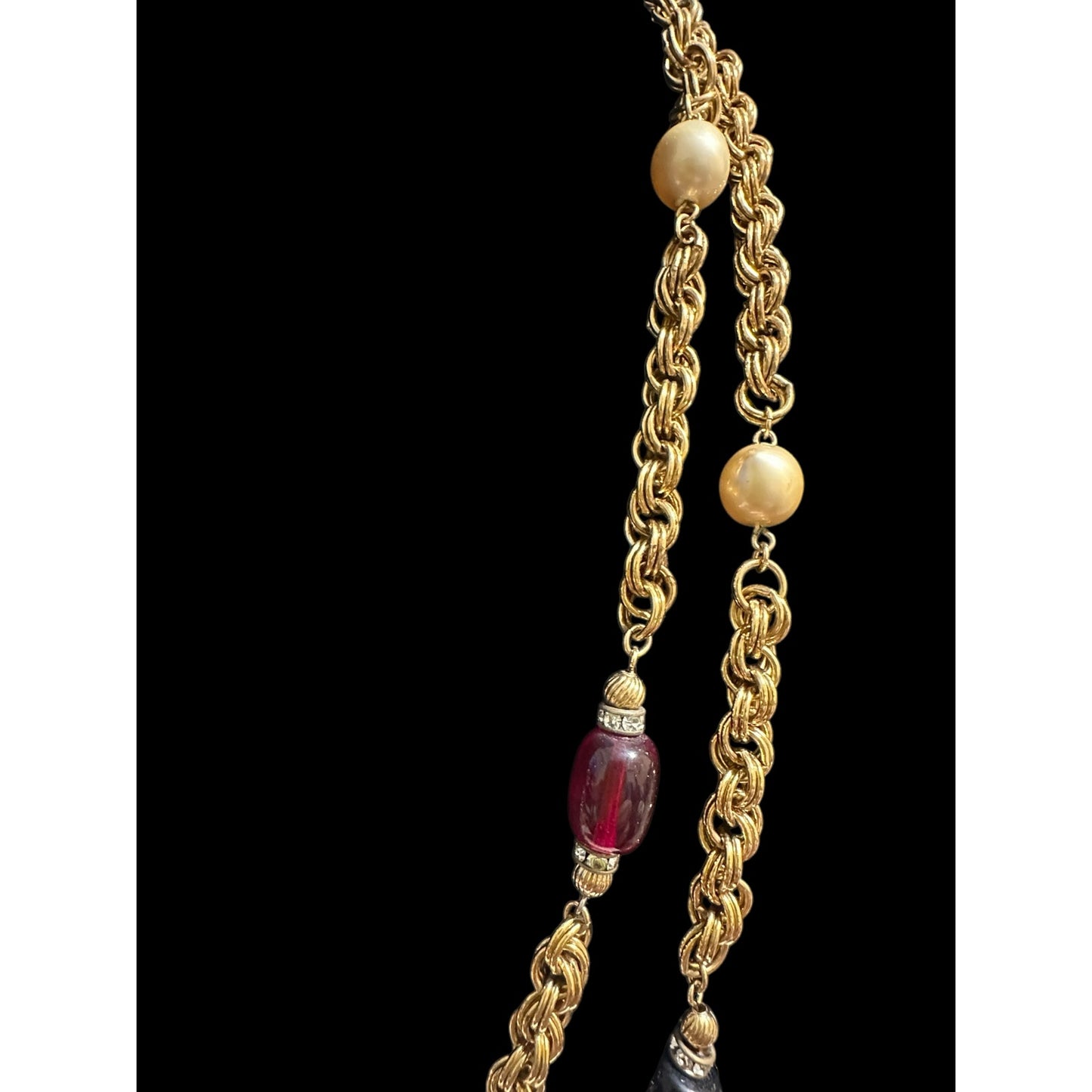 Vintage Givenchy Poured Glass Pate De Verre Gems & Pearls Sautoir Chain Necklace