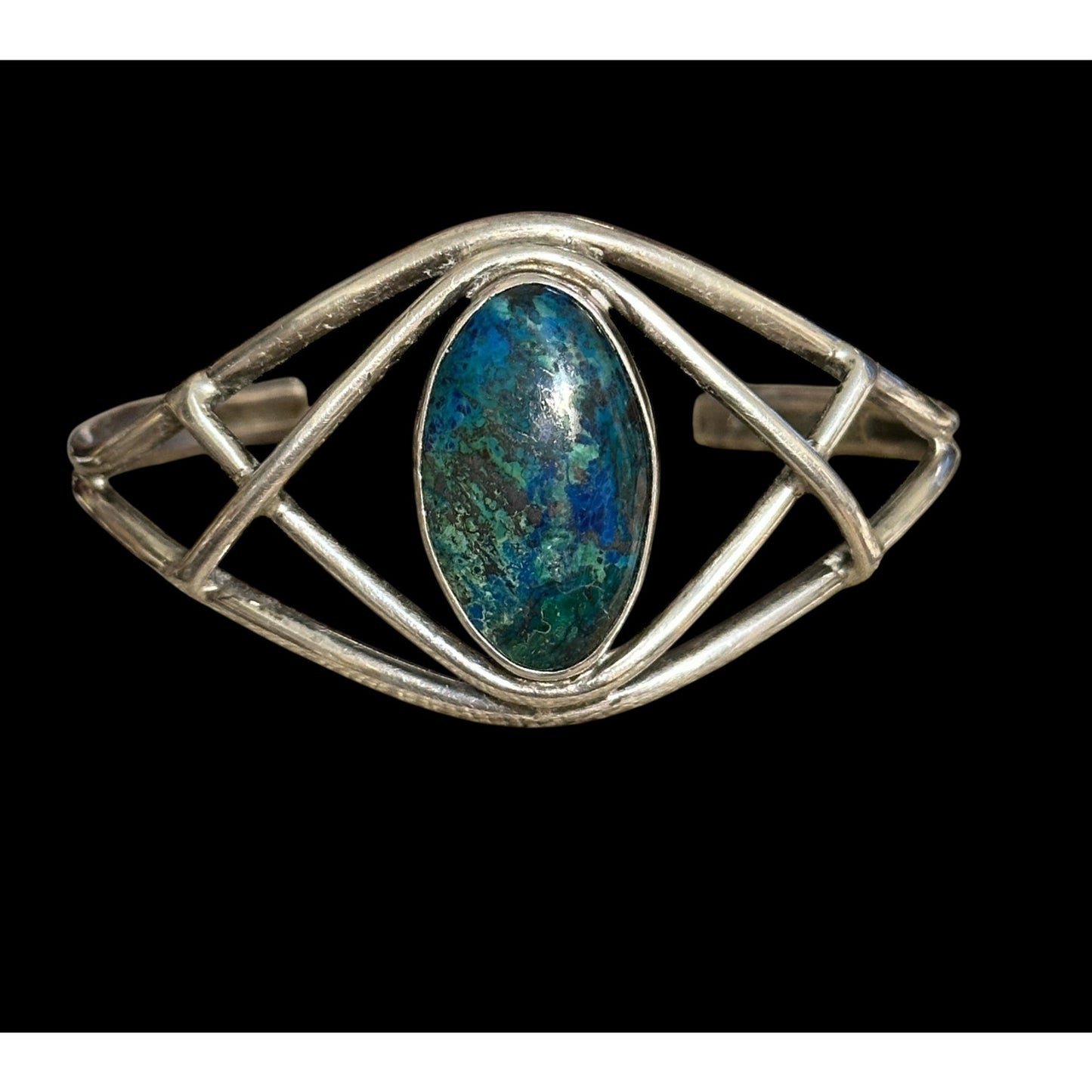 Vintage Modernist Sterling Silver Cuff Bracelet with Azurite-Malachite Stone
