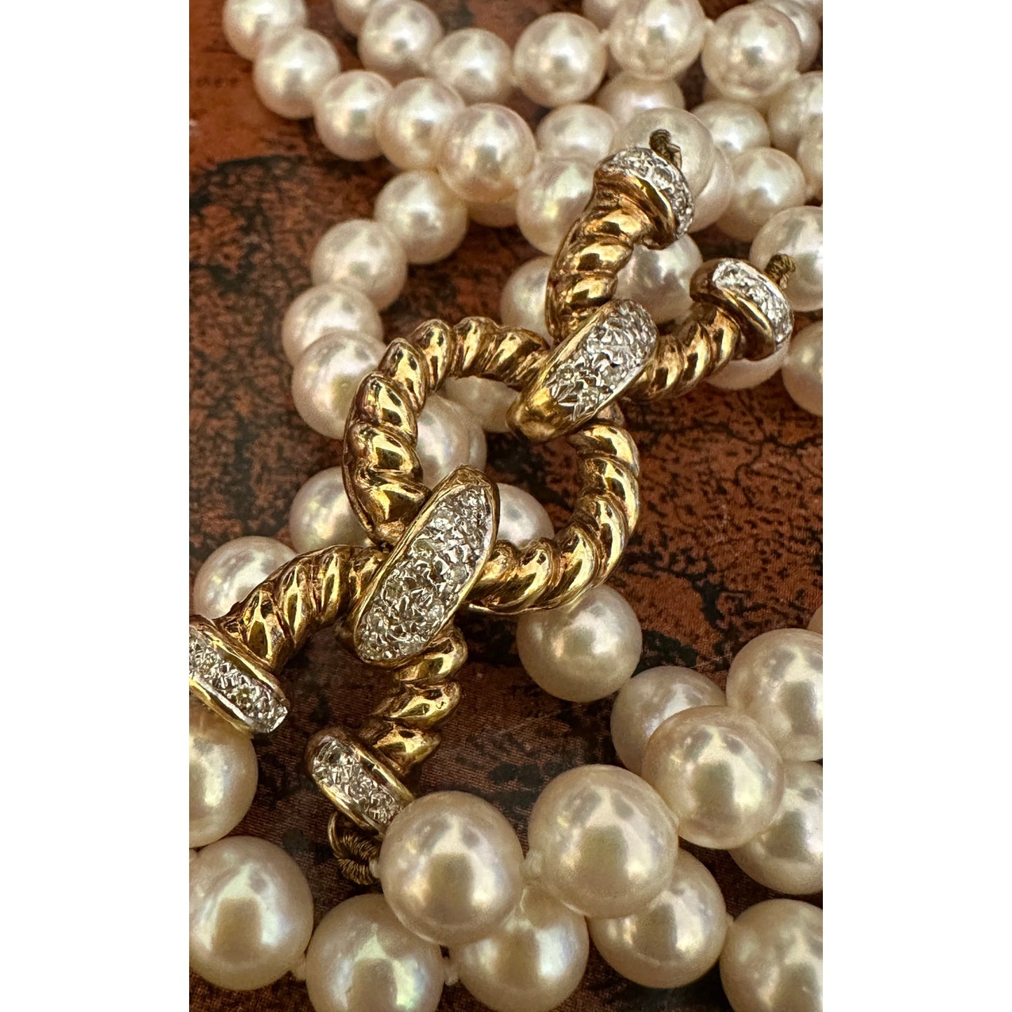 Vintage 14K 585 Gold Akoya 6mm Pearl Necklace Diamond Rope Clasp Double Strand
