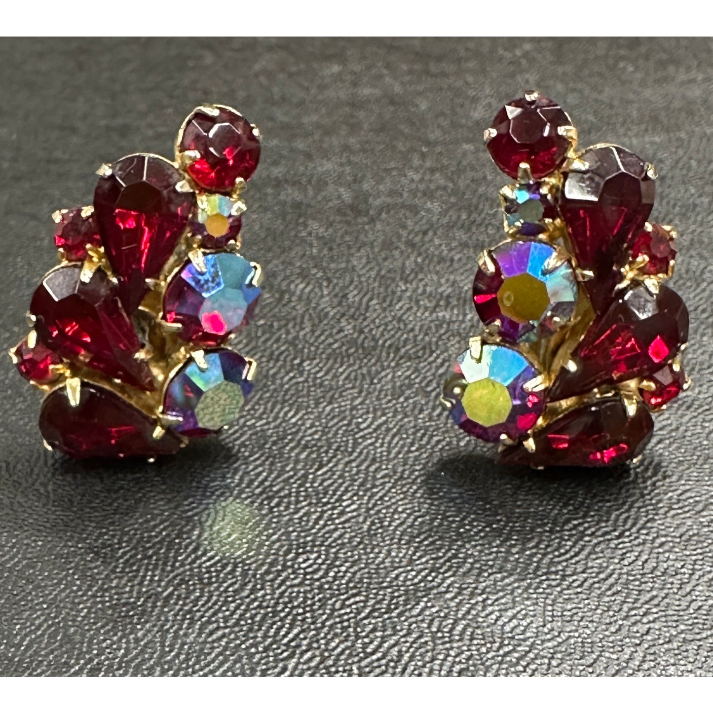 Fabulous Vintage Red Aurora Borealis Rhinestone Brooch & Clip Earrings Set