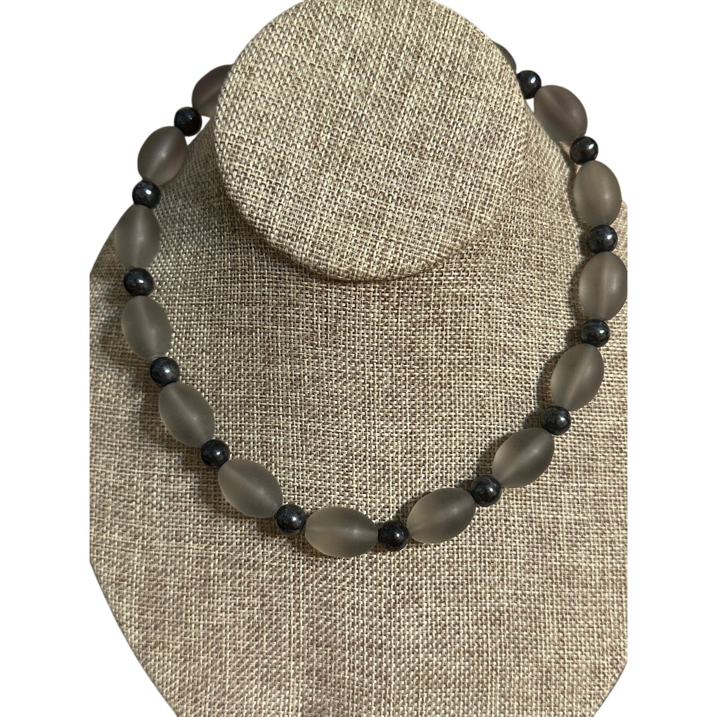 Vintage YSL 17” Frosted Glass Hematite Beaded Necklace Yves Saint Laurent