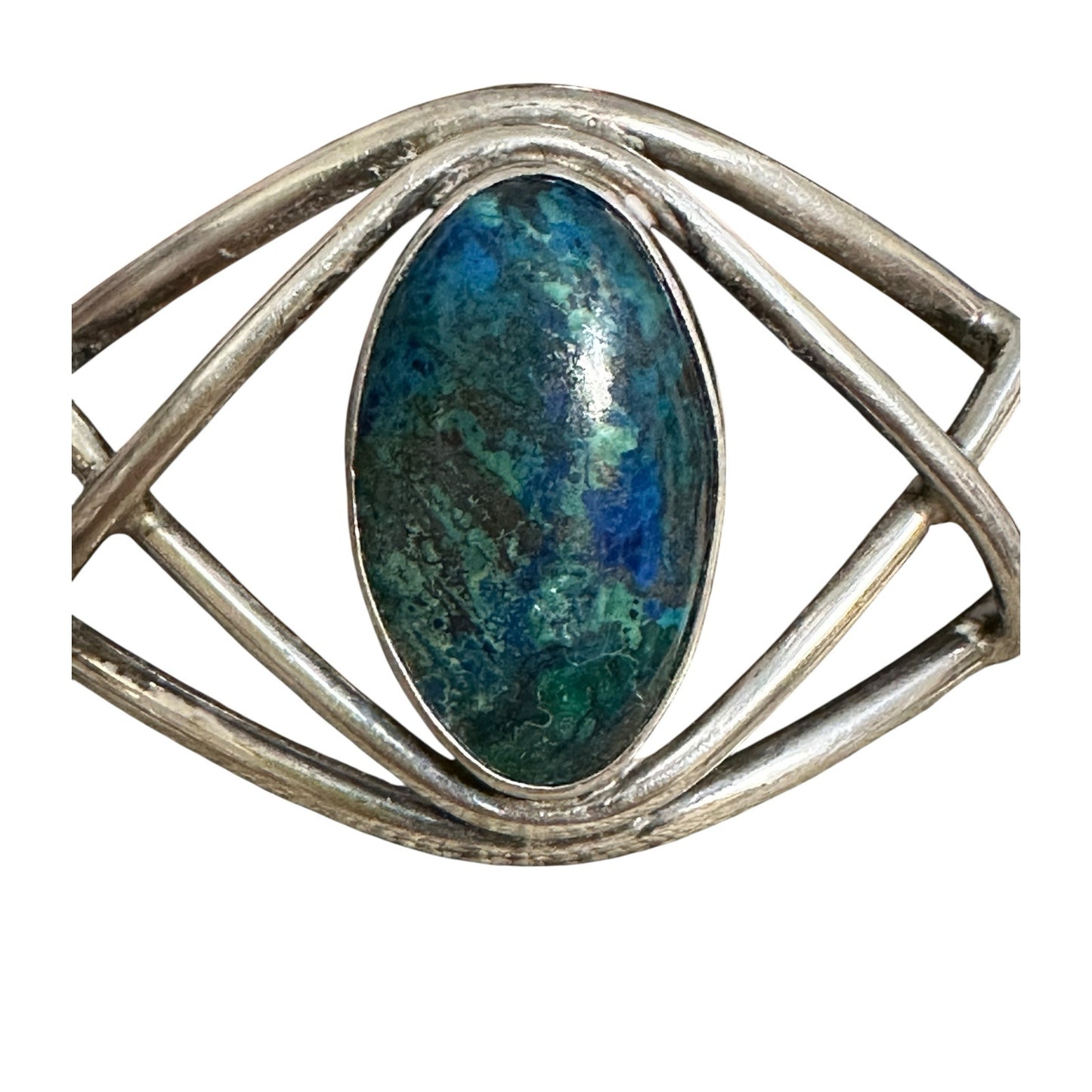 Vintage Modernist Sterling Silver Cuff Bracelet with Azurite-Malachite Stone