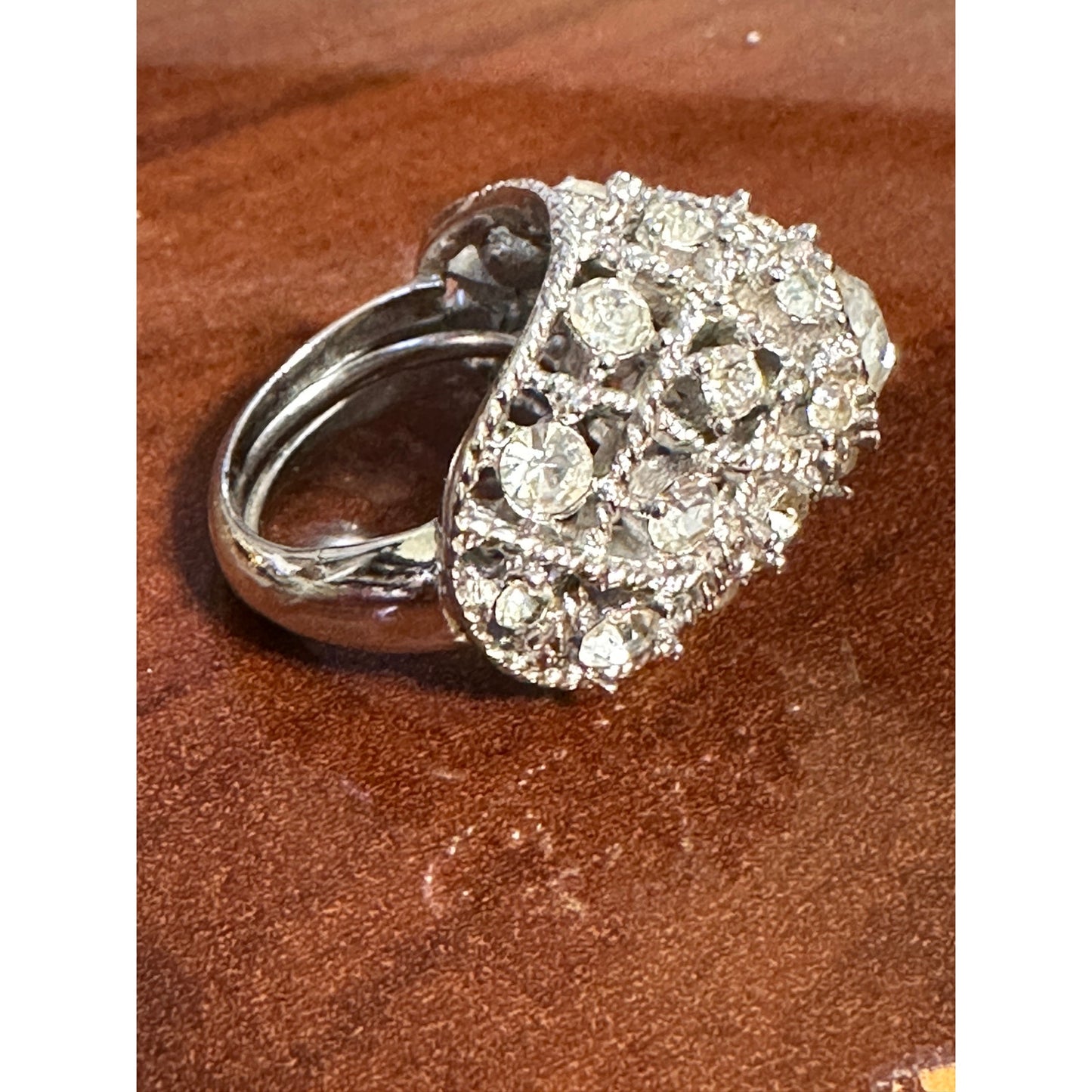 Vintage Crown Trifari Silvertone Rhinestone Chunky Adjustable Ring