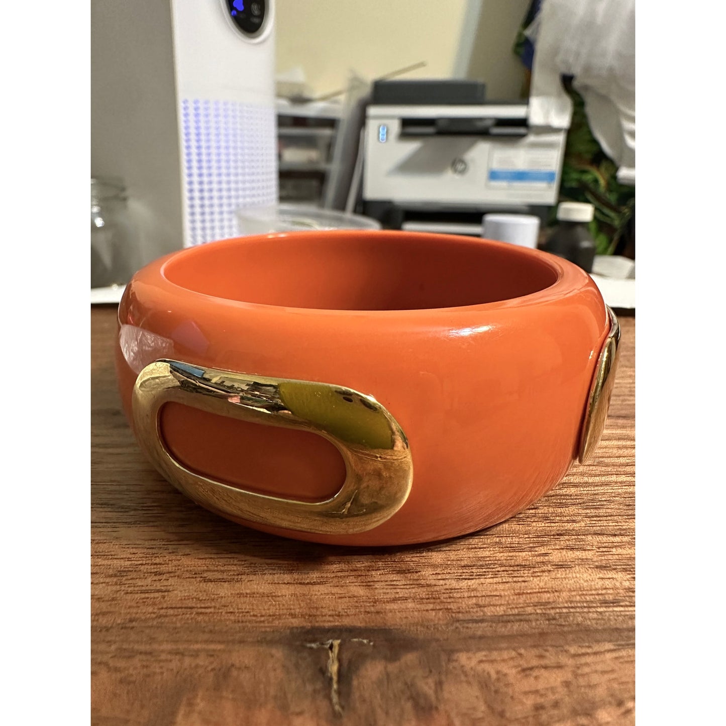 Vintage Mod Orange Resin Bangle Bracelet w/ Raised Gold Tone Overlays Chunky Bold