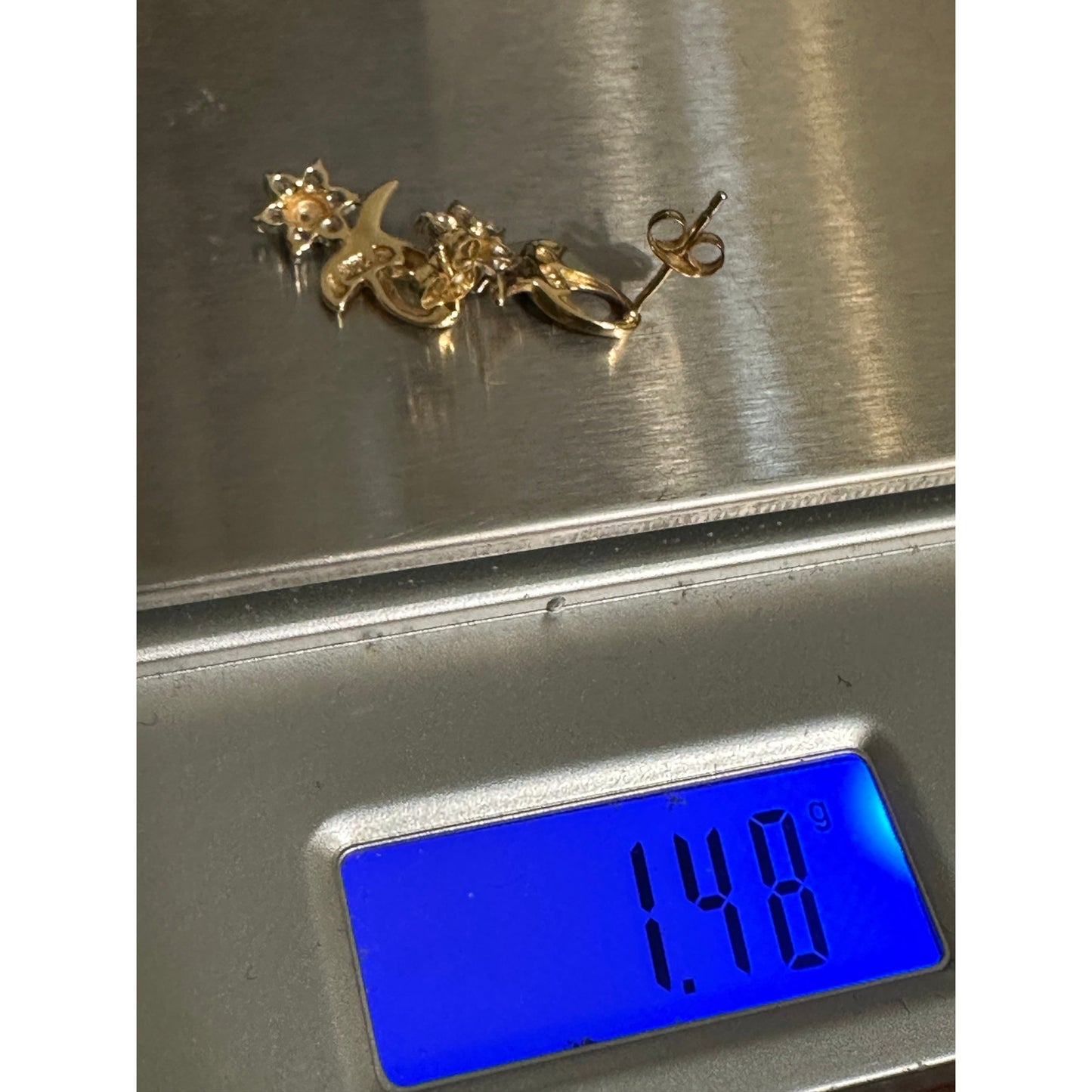 10k Yellow Gold Diamond Dainty Pierced Flower Ribbon Stud Earrings