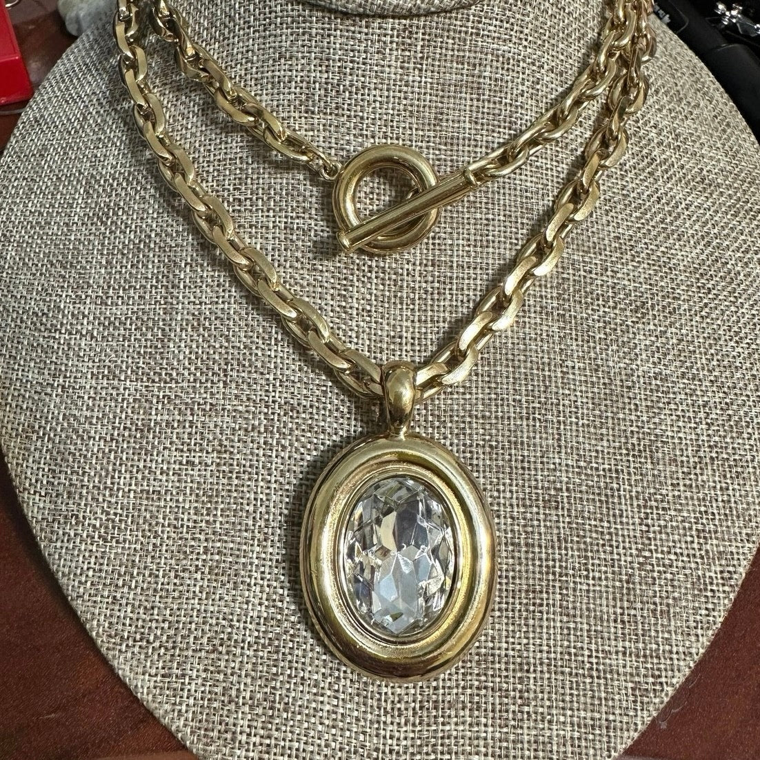Vintage Givenchy 36” Gold Tone Chain Toggle Necklace w/ Crystal Pendant Signed