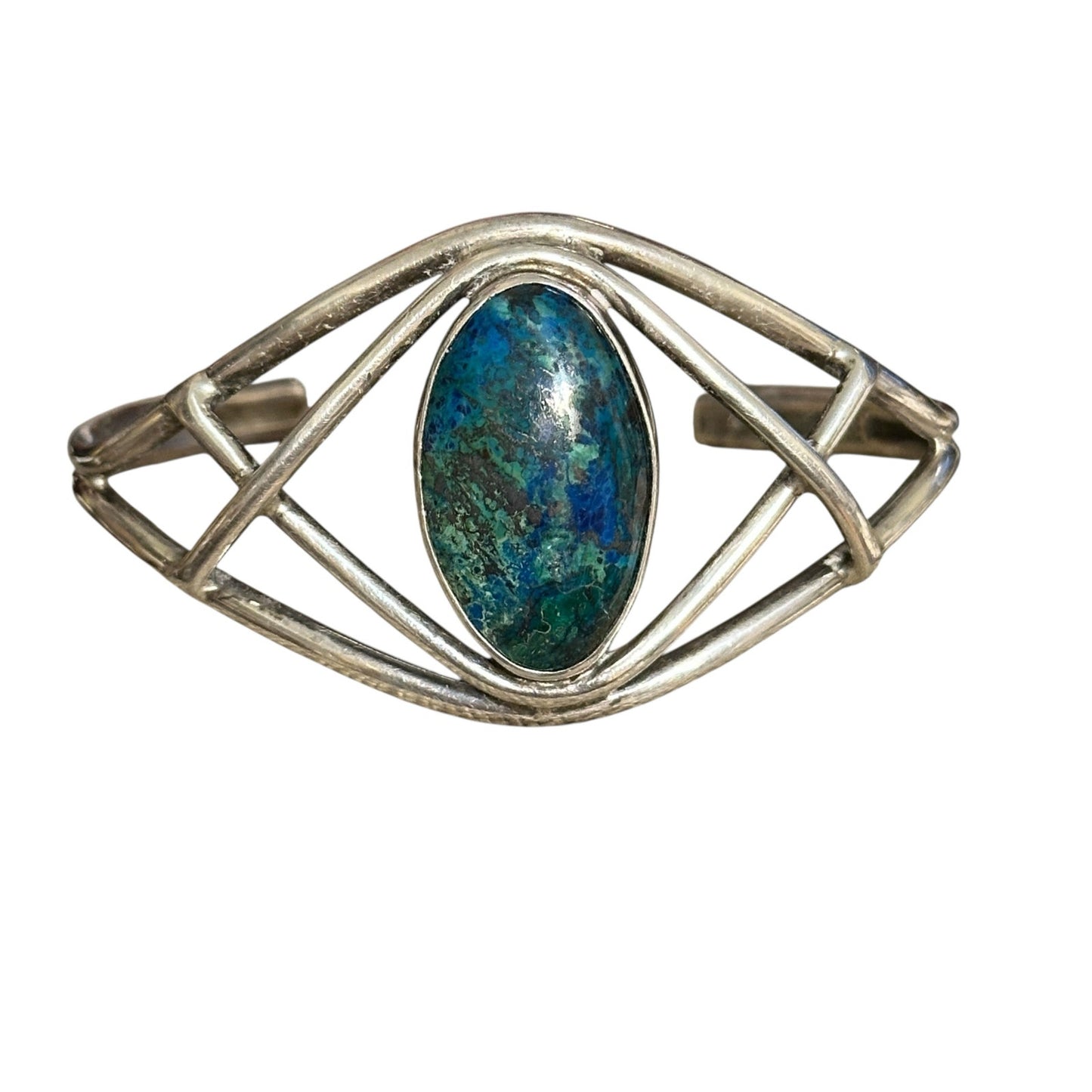 Vintage Modernist Sterling Silver Cuff Bracelet with Azurite-Malachite Stone