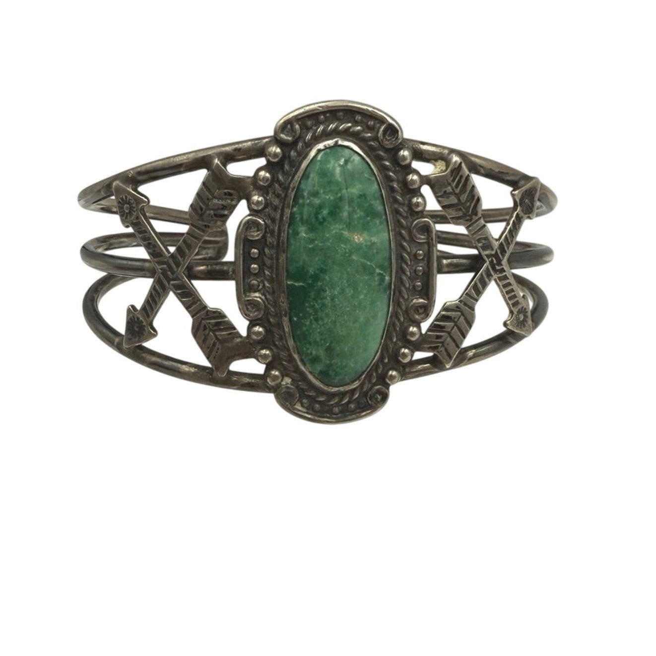 Vintage Fred Harvey Era Wide Oval Turquoise w/Arrow Detail Sterling Silver Cuff