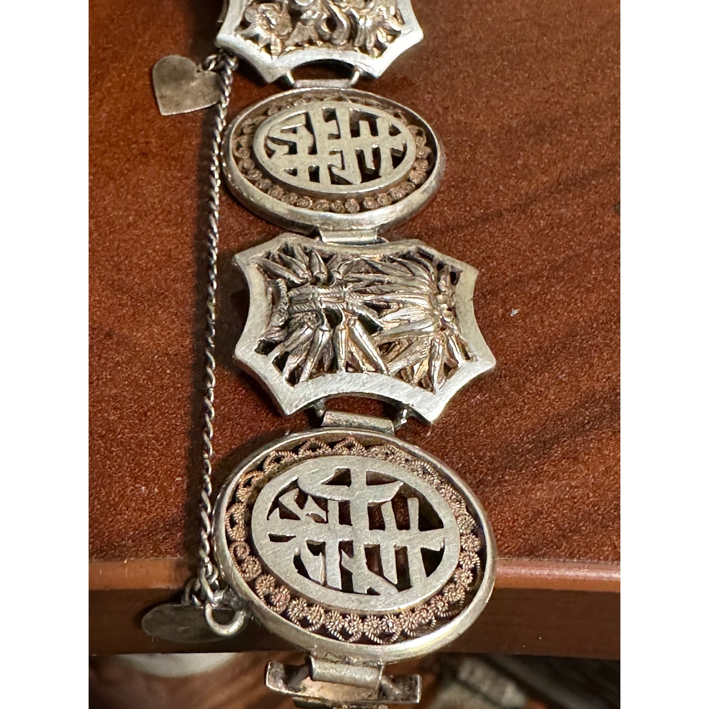 Antique Chinese Export Silver Repousse Four Seasons Panel Bracelet 6 7/8”