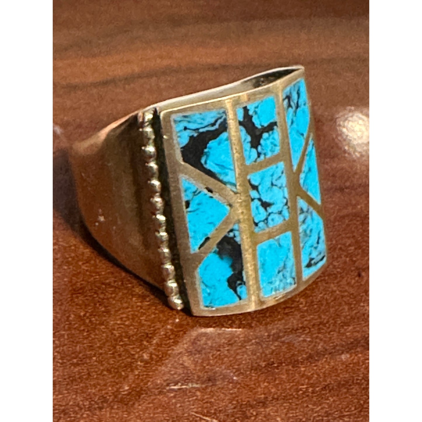 Vintage Goldtone Brass Big Bold Chunky Inlaid Turquoise Ring Size 10