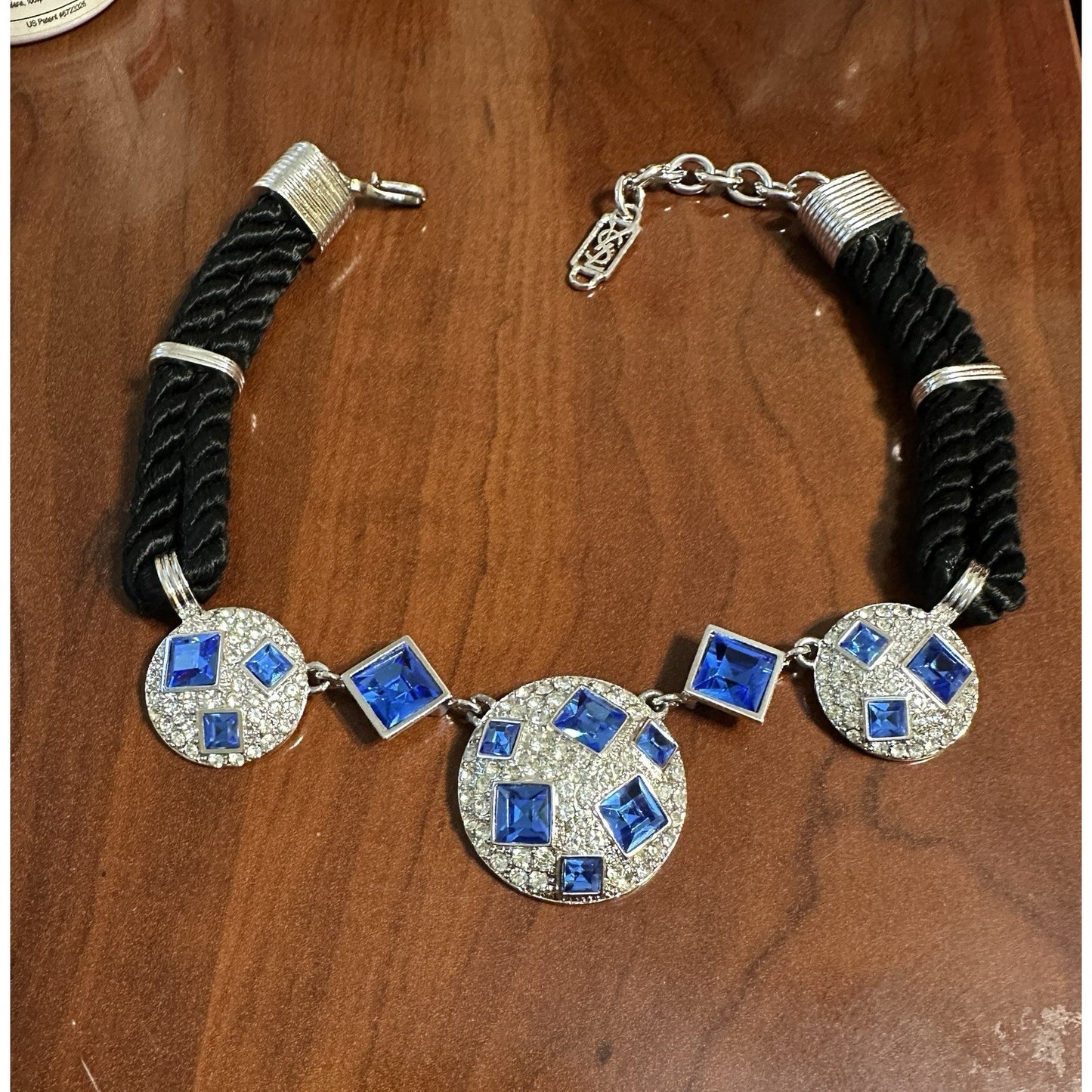 YSL Yves Saint Laurent Blue Crystal Statement Necklace Black Cord Silver Logo