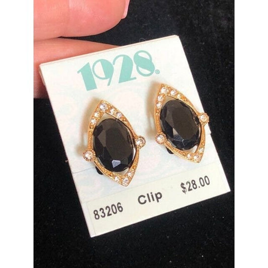 1928 Jewelry Goldtone Faux Onyx Rhinestone Clip Earrings New on card