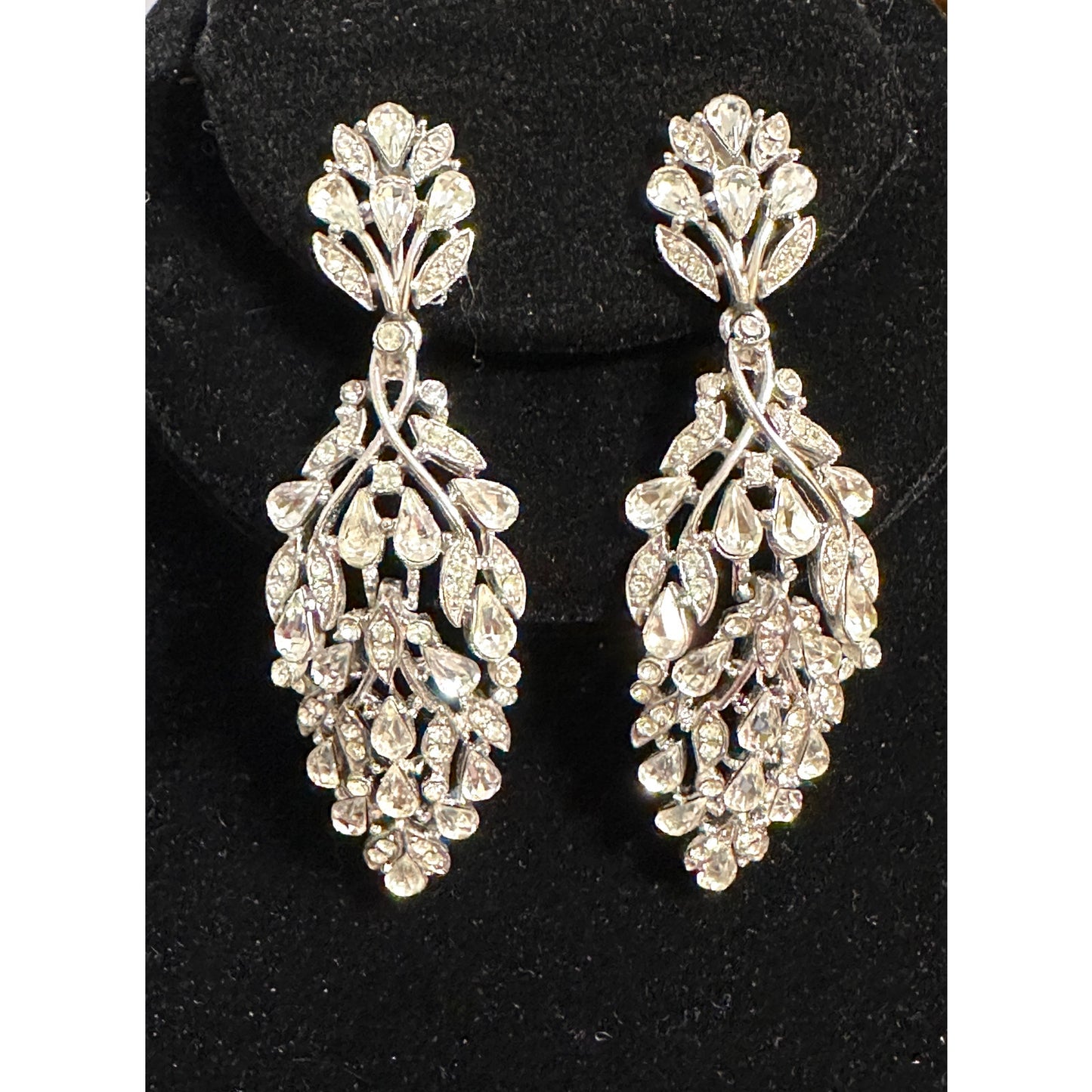 Vintage Crown Trifari Double Segmented Huge Rhinestone Dangle Drop Clip Earrings
