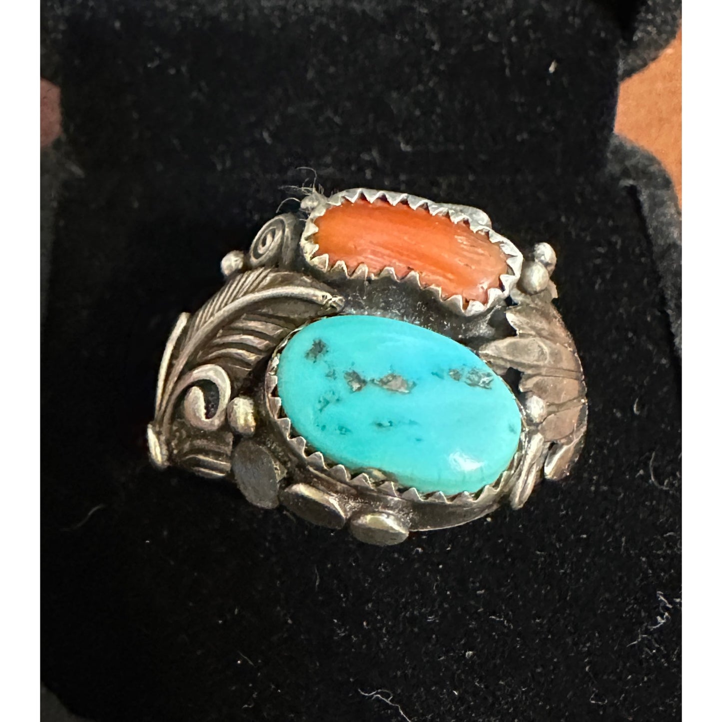 Large Chunky Turquoise Coral Native American Signed Ring Size 12 3/4