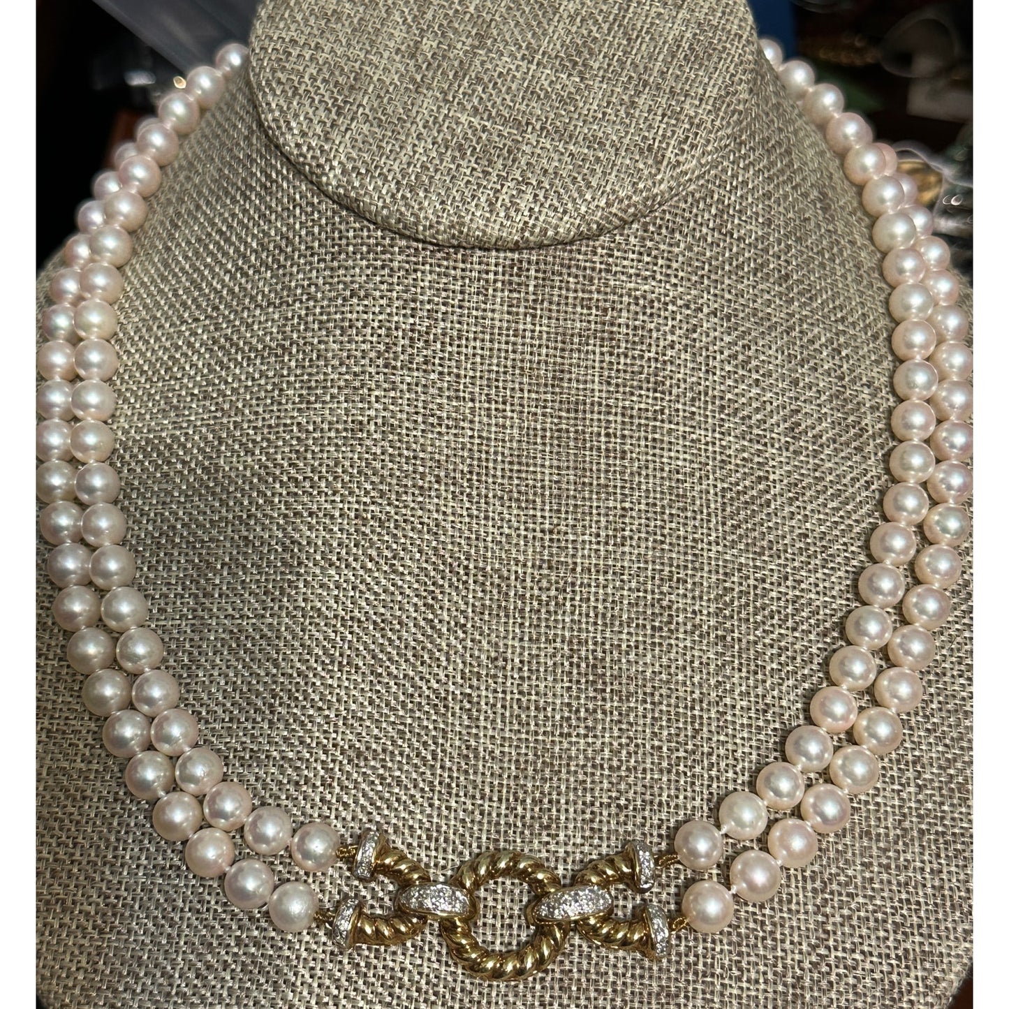 Vintage 14K 585 Gold Akoya 6mm Pearl Necklace Diamond Rope Clasp Double Strand