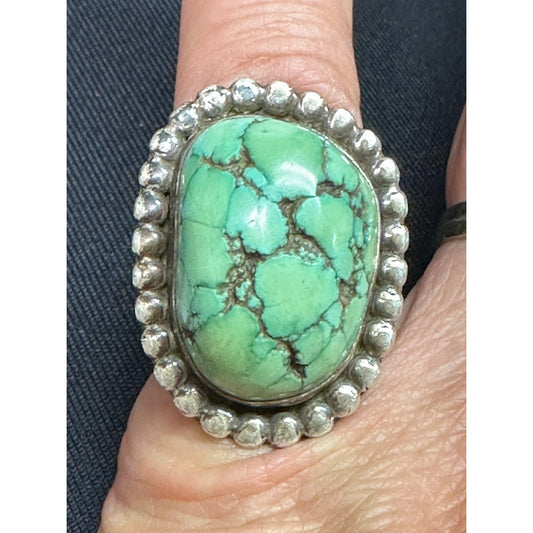 Vintage Navajo Sterling Silver Turquoise Ring – Natural Spiderweb Turquoise, Split Shank, Old Pawn Style