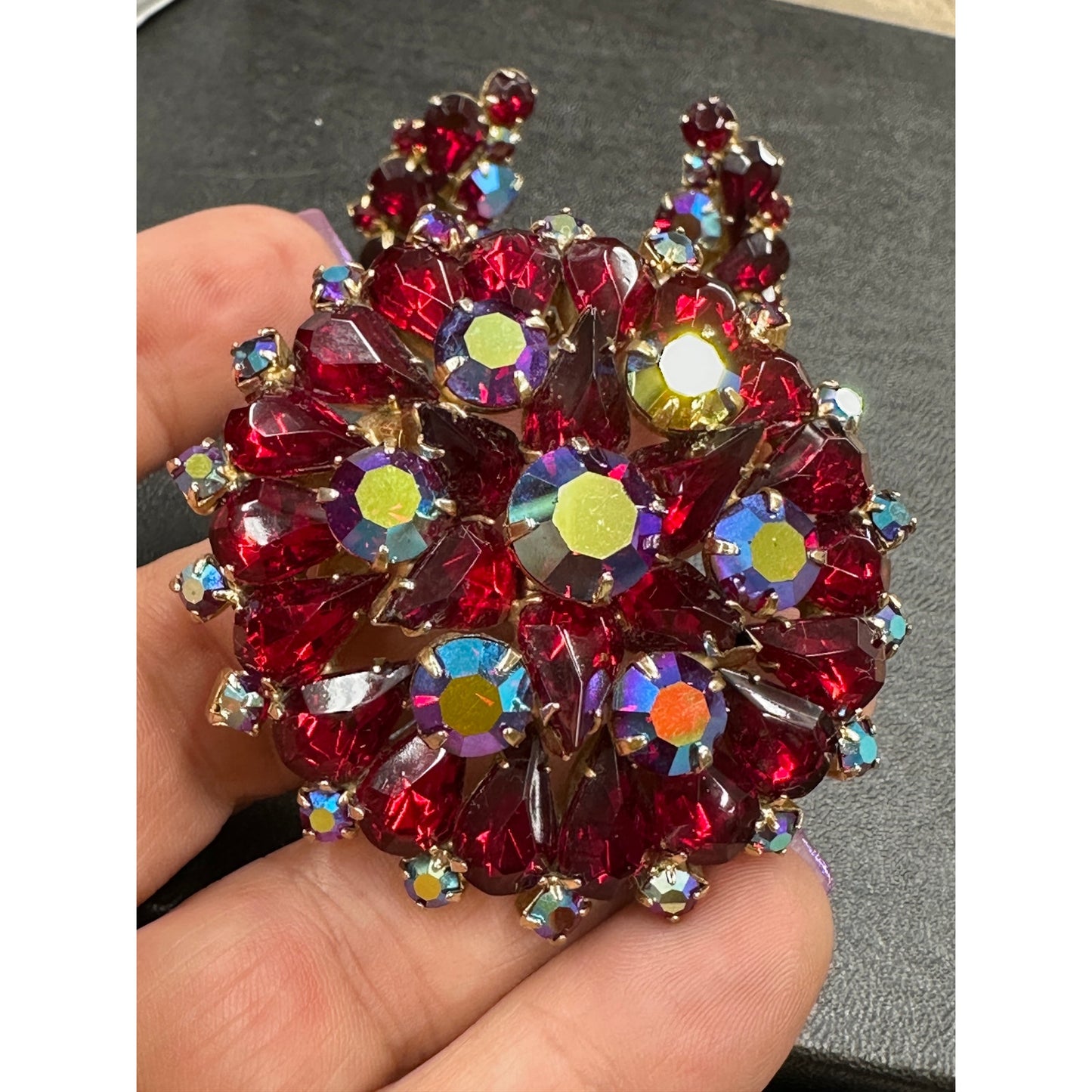Fabulous Vintage Red Aurora Borealis Rhinestone Brooch & Clip Earrings Set