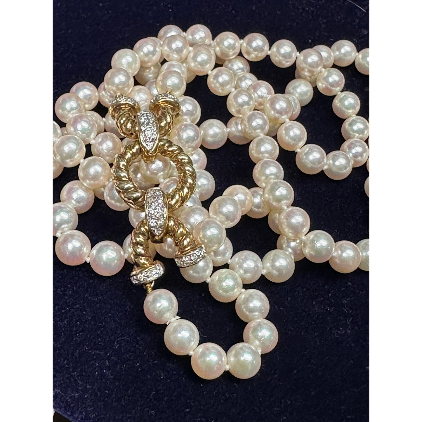 Vintage 14K 585 Gold Akoya 6mm Pearl Necklace Diamond Rope Clasp Double Strand