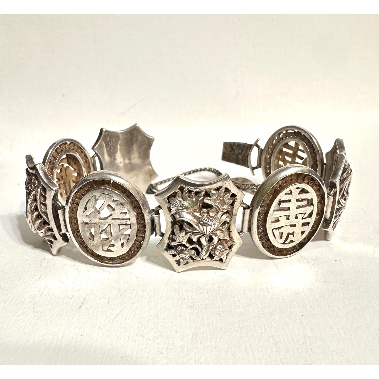 Antique Chinese Export Silver Repousse Four Seasons Panel Bracelet 6 7/8”