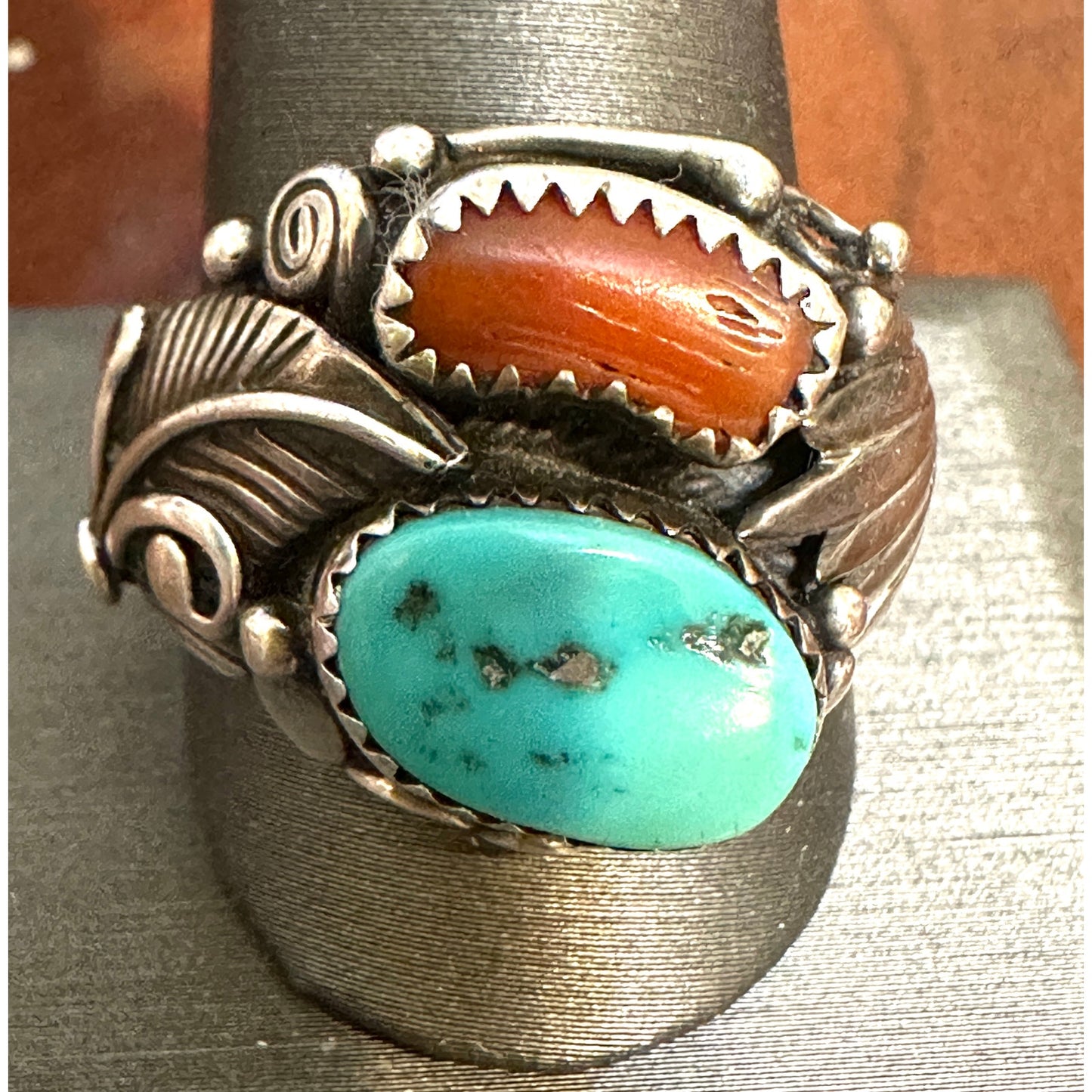 Large Chunky Turquoise Coral Native American Signed Ring Size 12 3/4